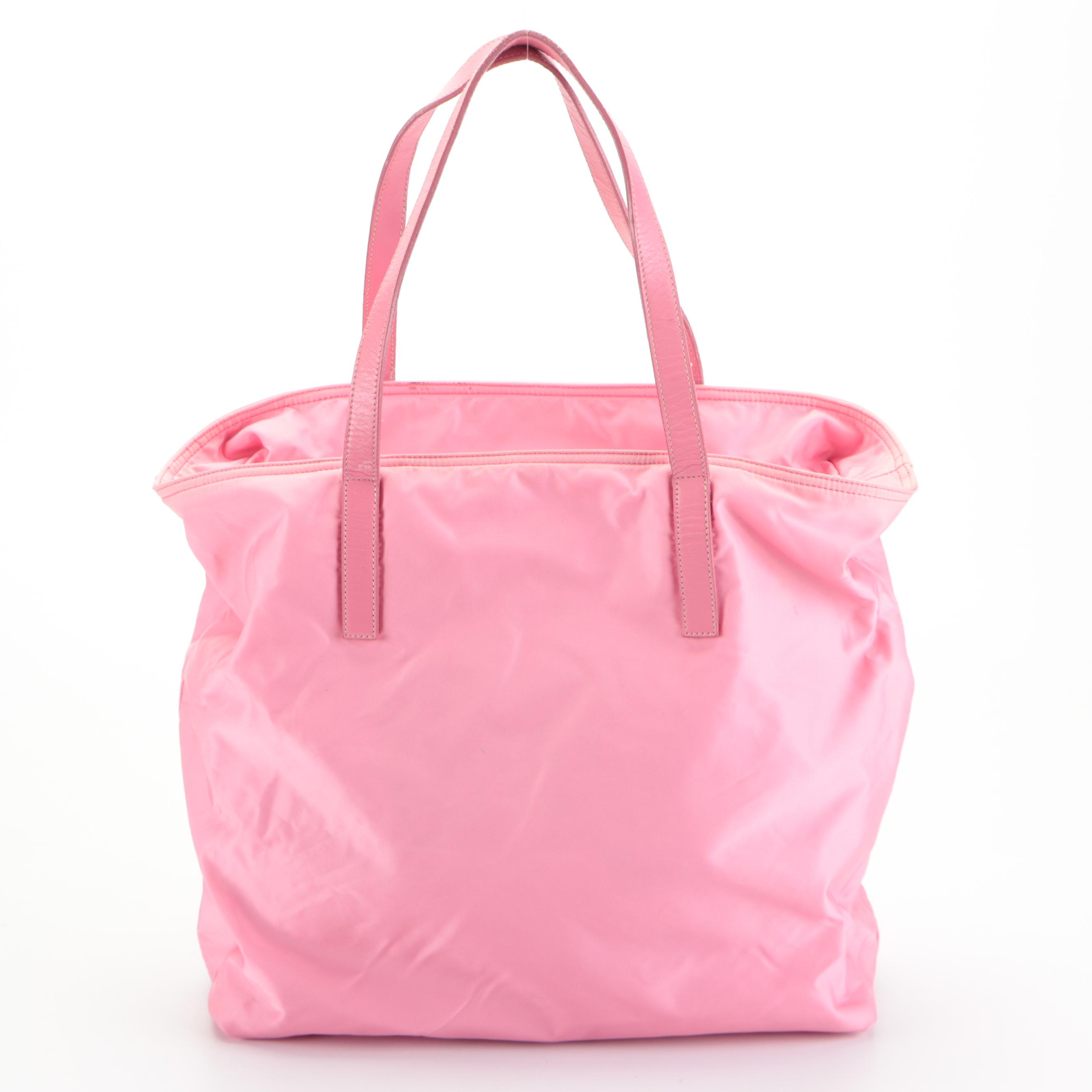Prada Zip-Top Tote Bag in Pink Tessuto Nylon with Leather Trim