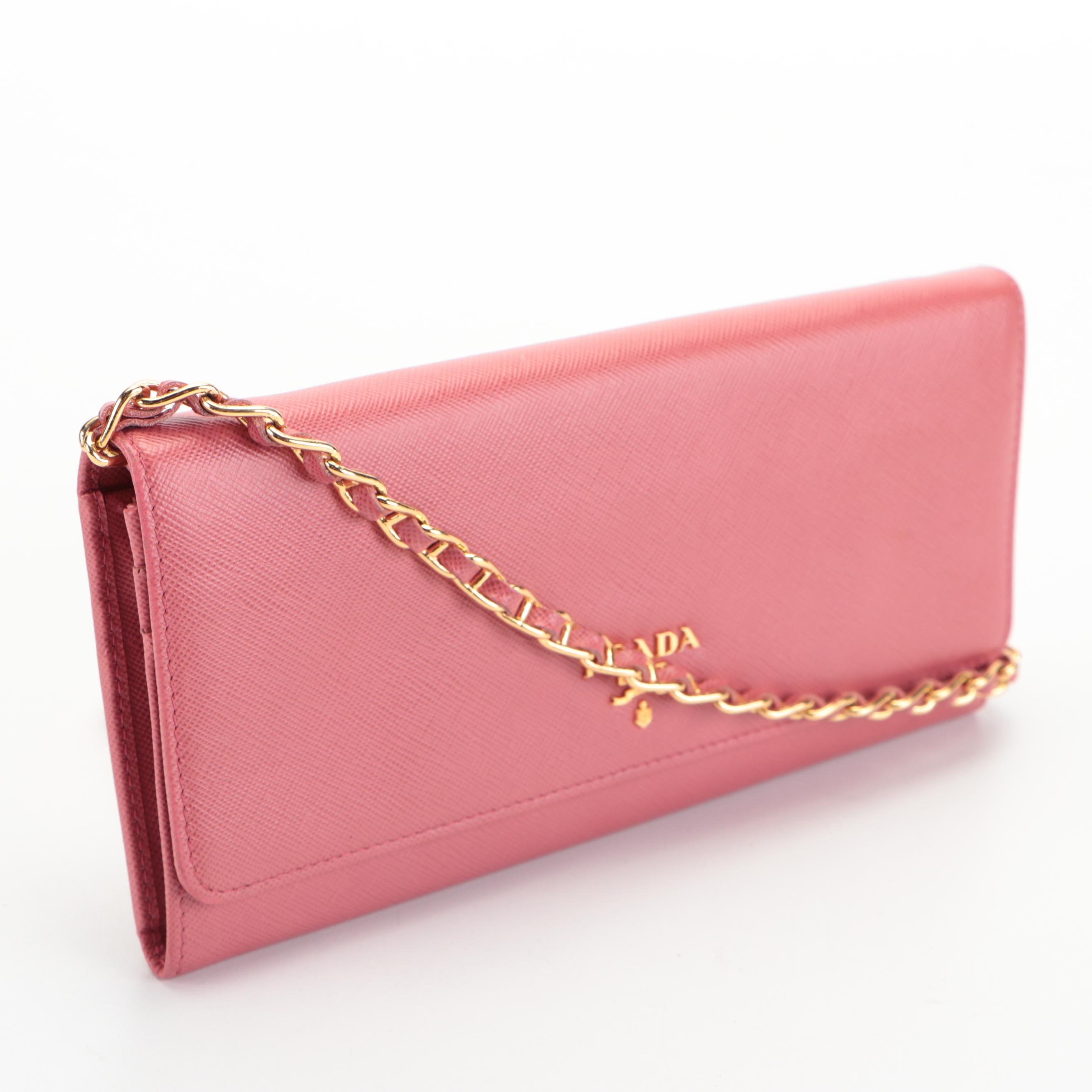 Prada Wallet on Chain in Pink Saffiano Leather with Box