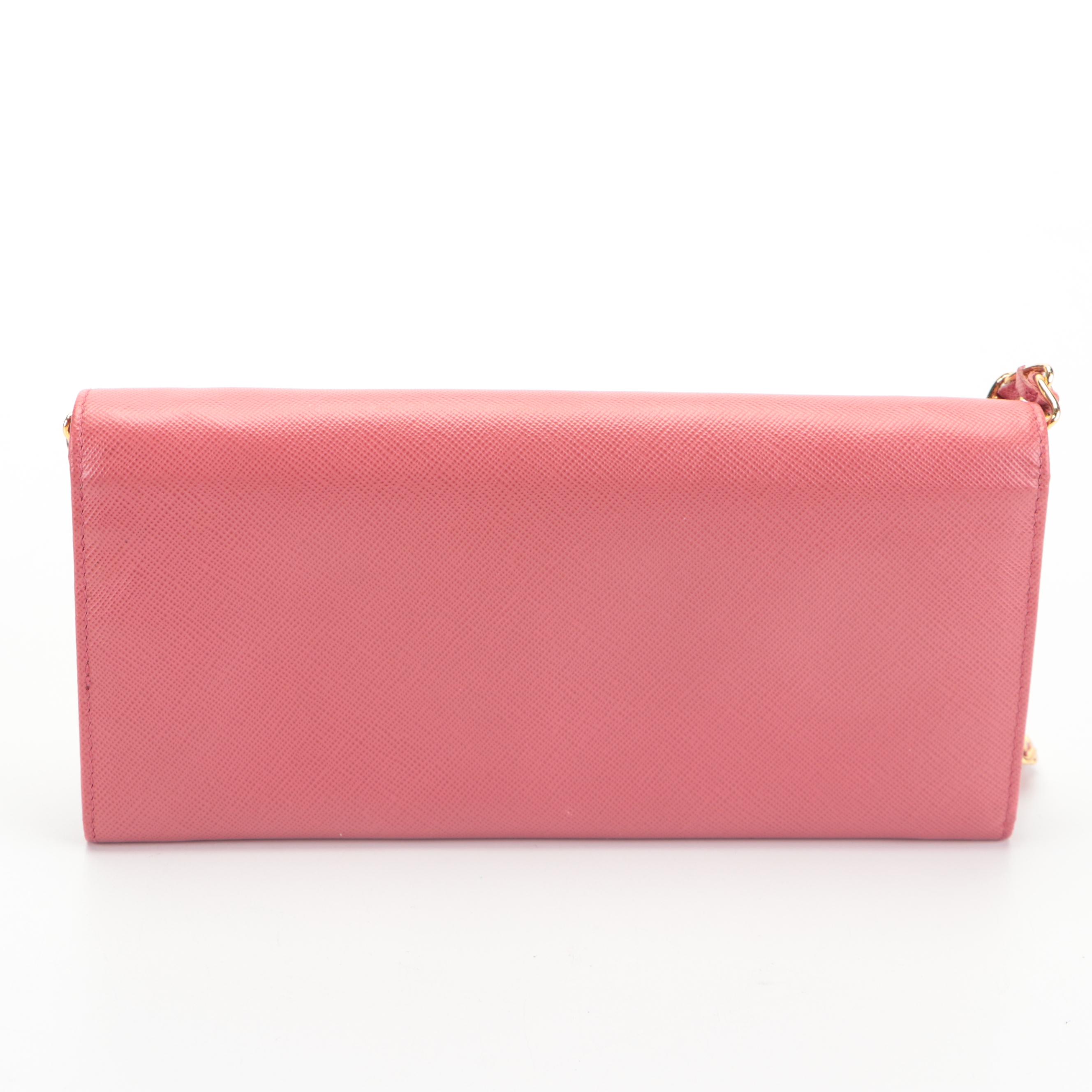 Prada Wallet on Chain in Pink Saffiano Leather with Box