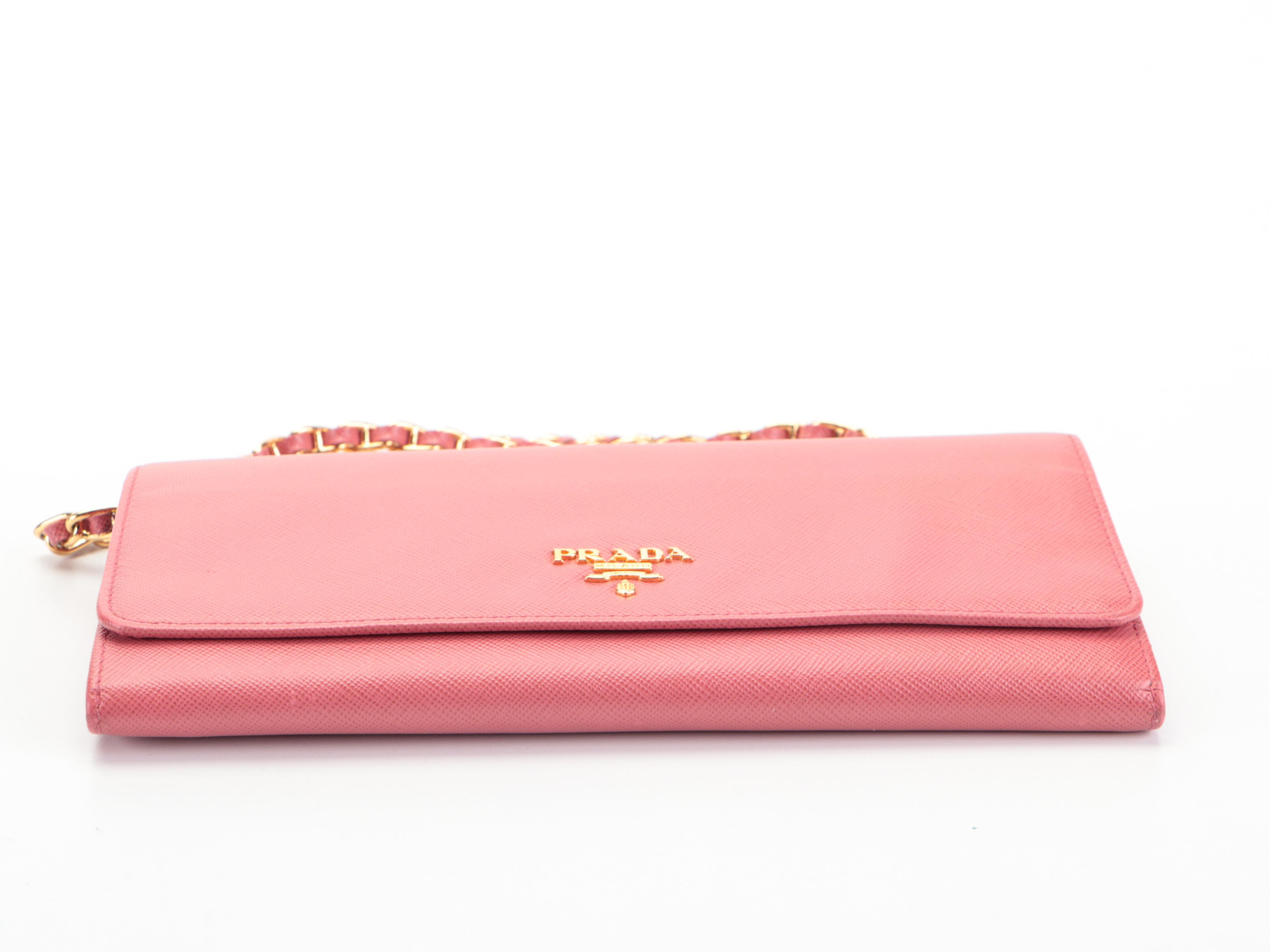 Prada Wallet on Chain in Pink Saffiano Leather with Box