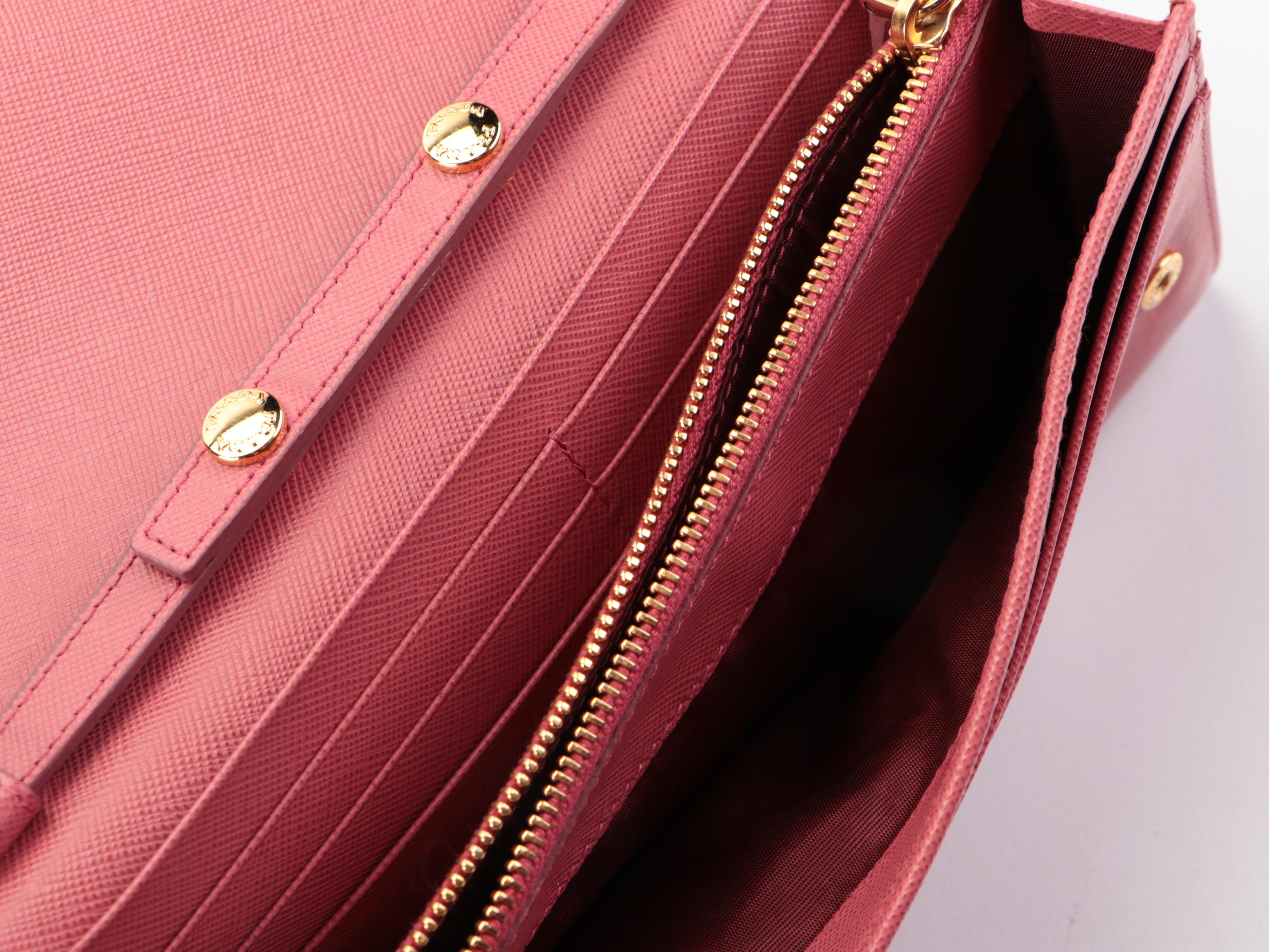 Prada Wallet on Chain in Pink Saffiano Leather with Box