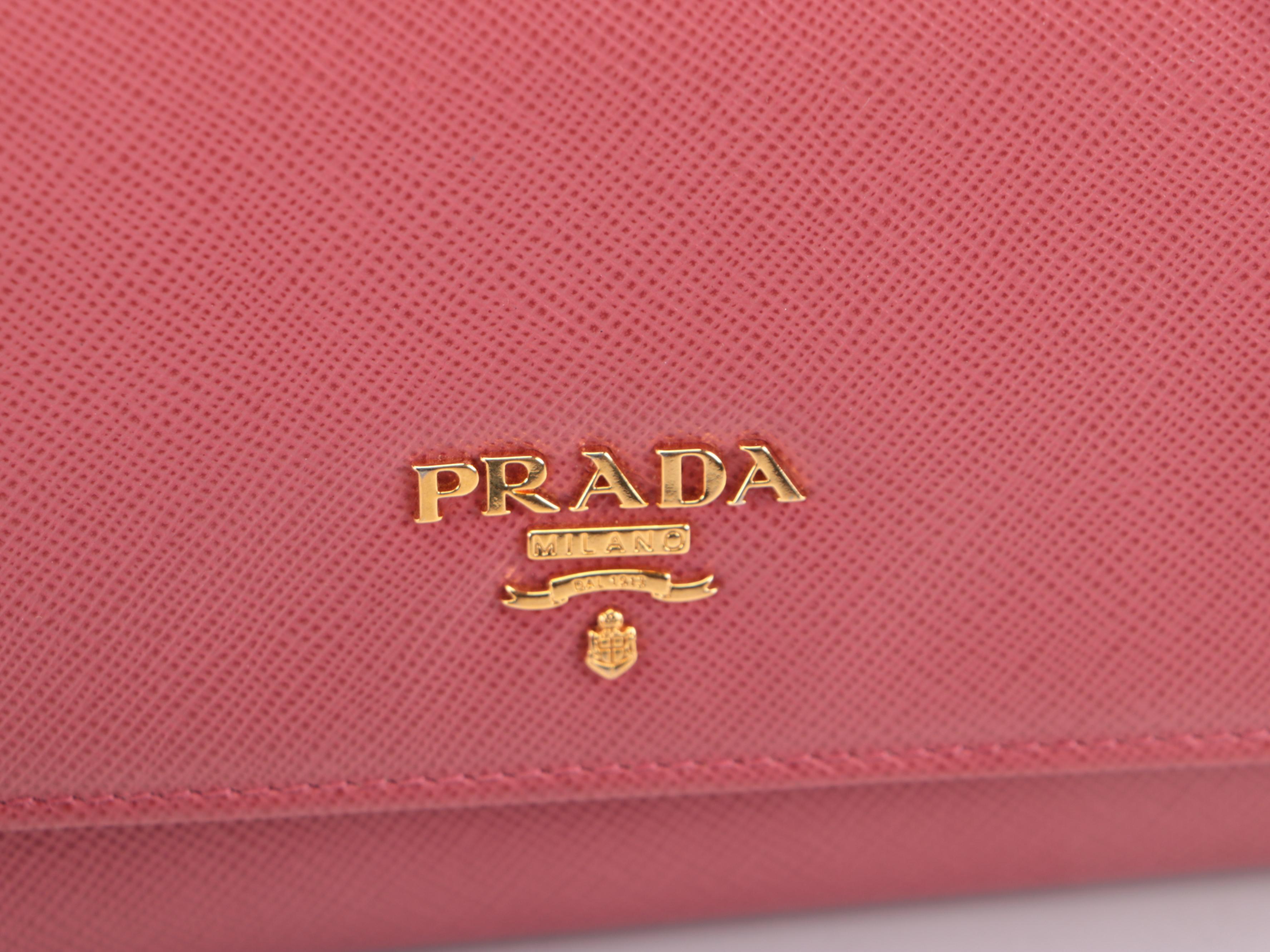 Prada Wallet on Chain in Pink Saffiano Leather with Box