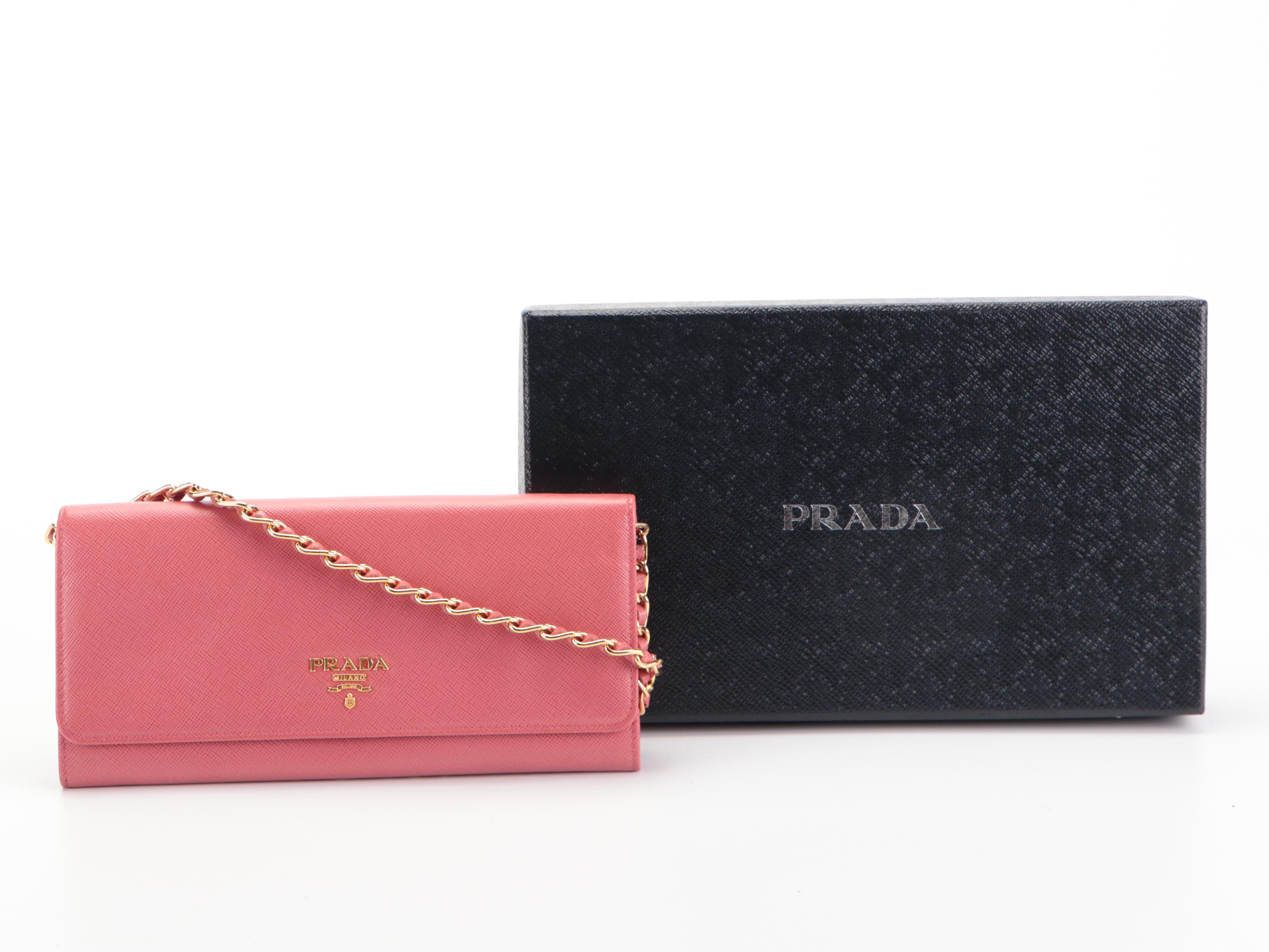 Prada Wallet on Chain in Pink Saffiano Leather with Box