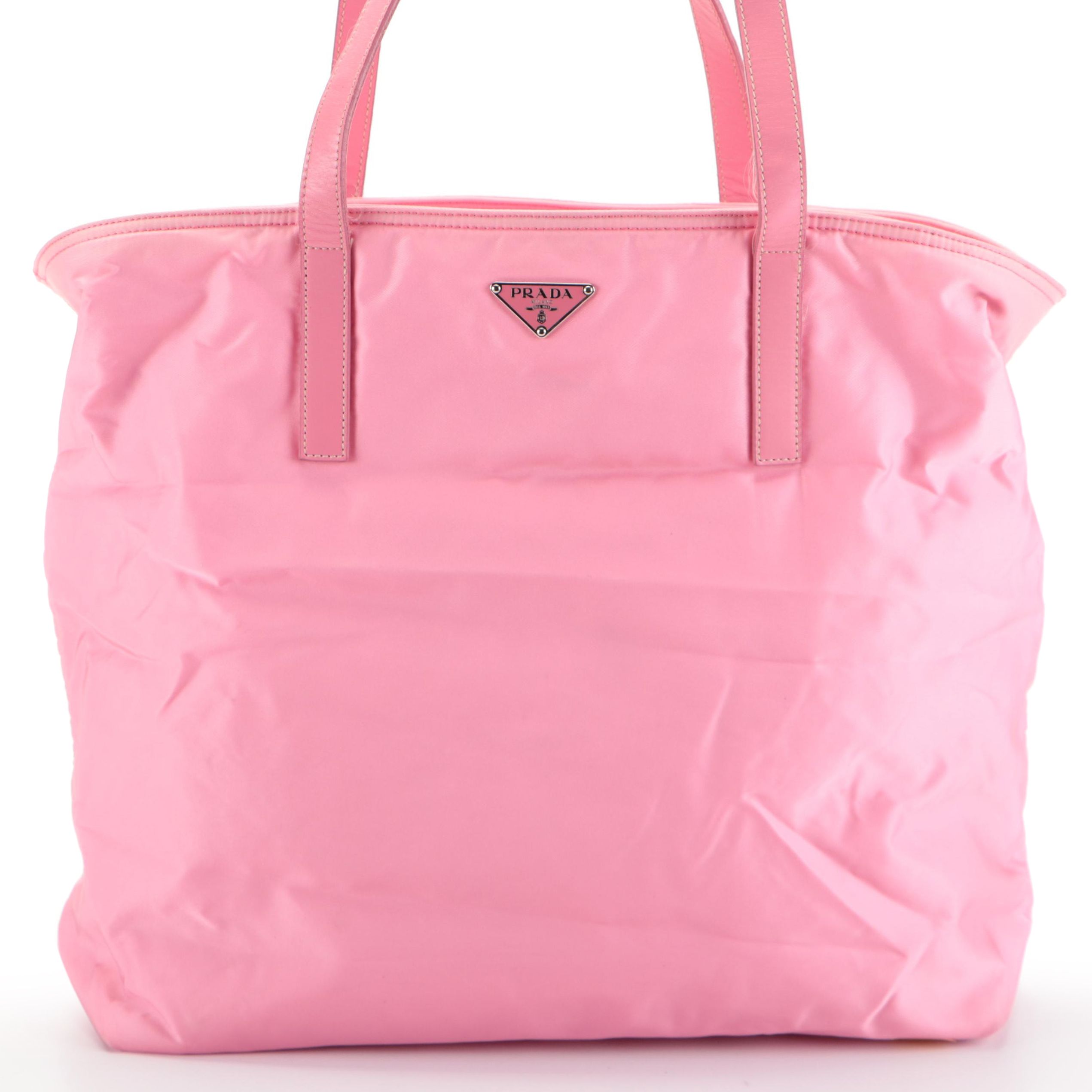 Prada Zip-Top Tote Bag in Pink Tessuto Nylon with Leather Trim