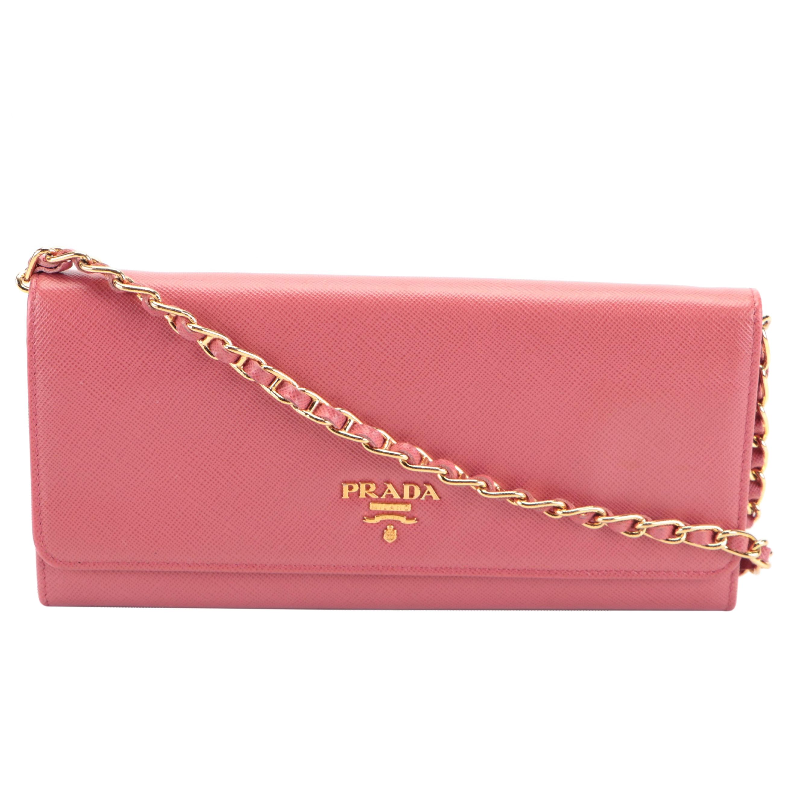 Prada Wallet on Chain in Pink Saffiano Leather with Box