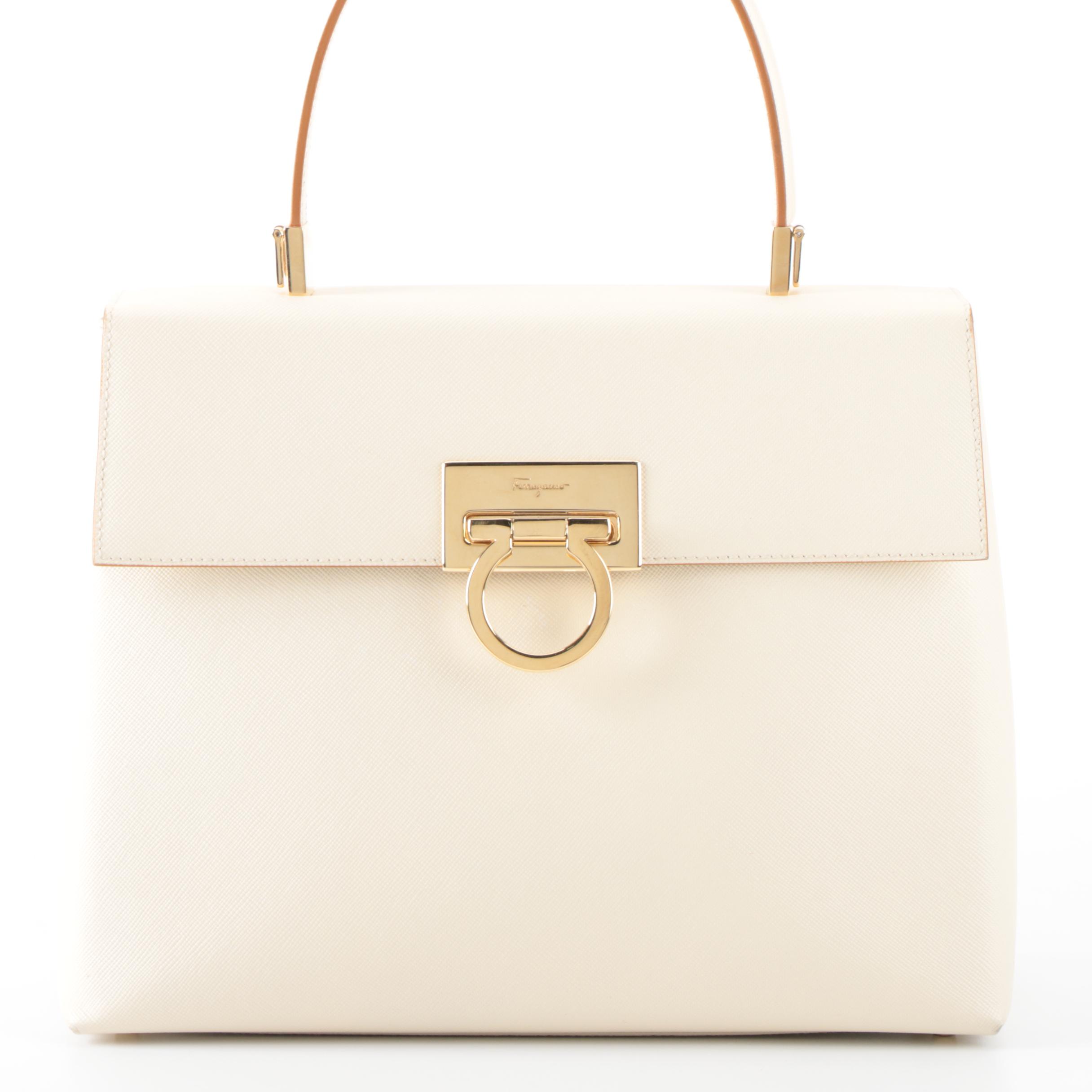 Salvatore Ferragamo Gancini Top Handle Bag in Off-White Saffiano Leather