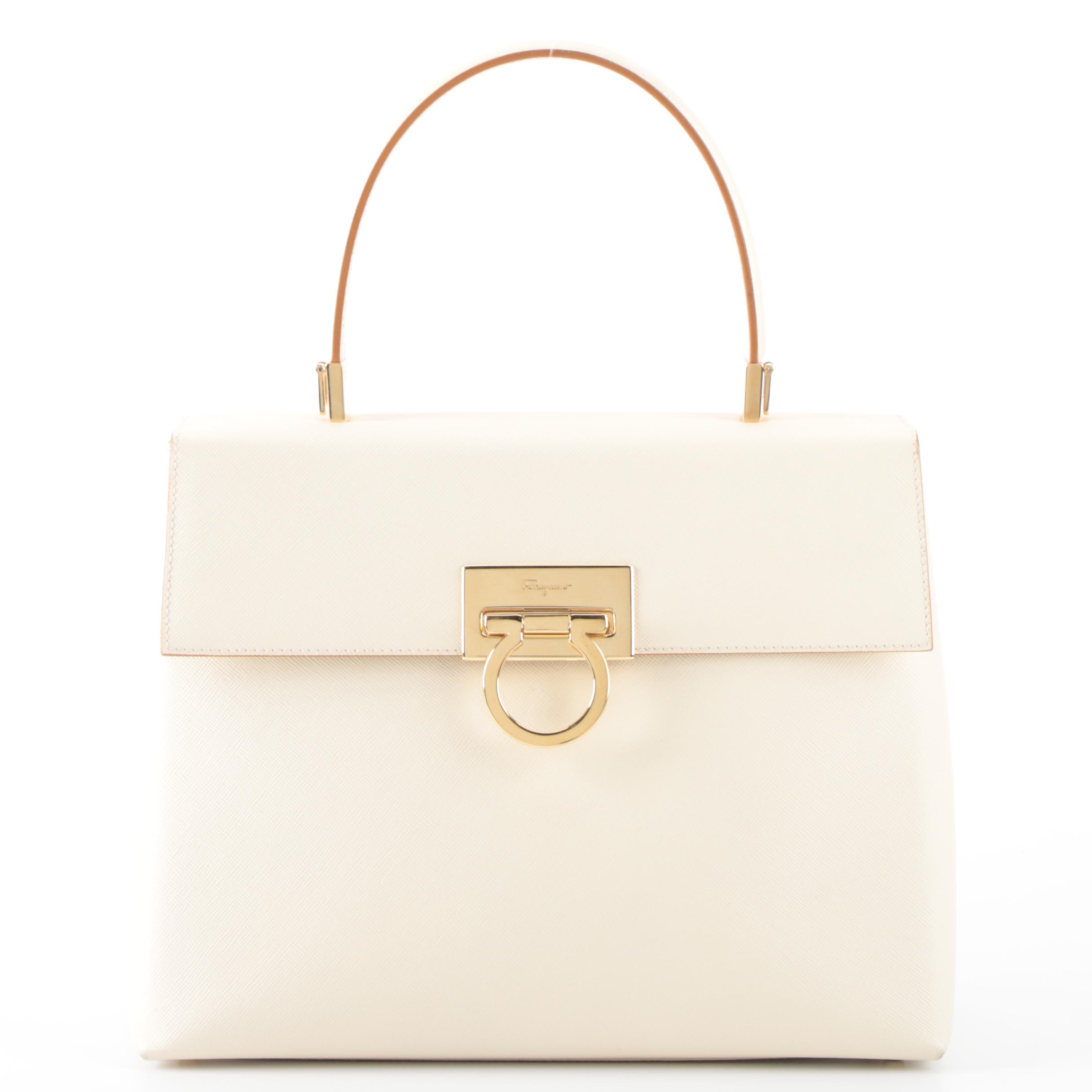 Salvatore Ferragamo Gancini Top Handle Bag in Off-White Saffiano Leather