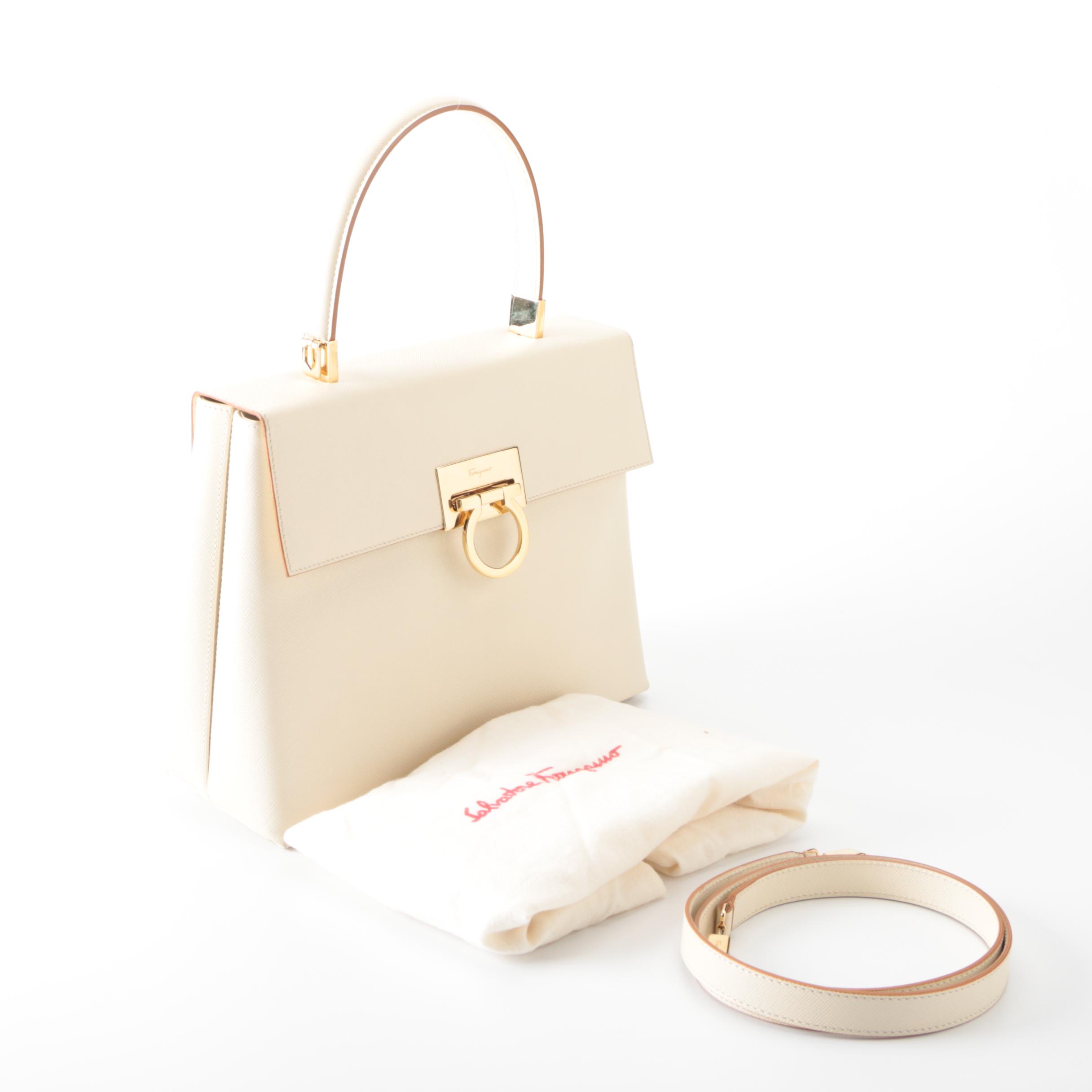 Salvatore Ferragamo Gancini Top Handle Bag in Off-White Saffiano Leather