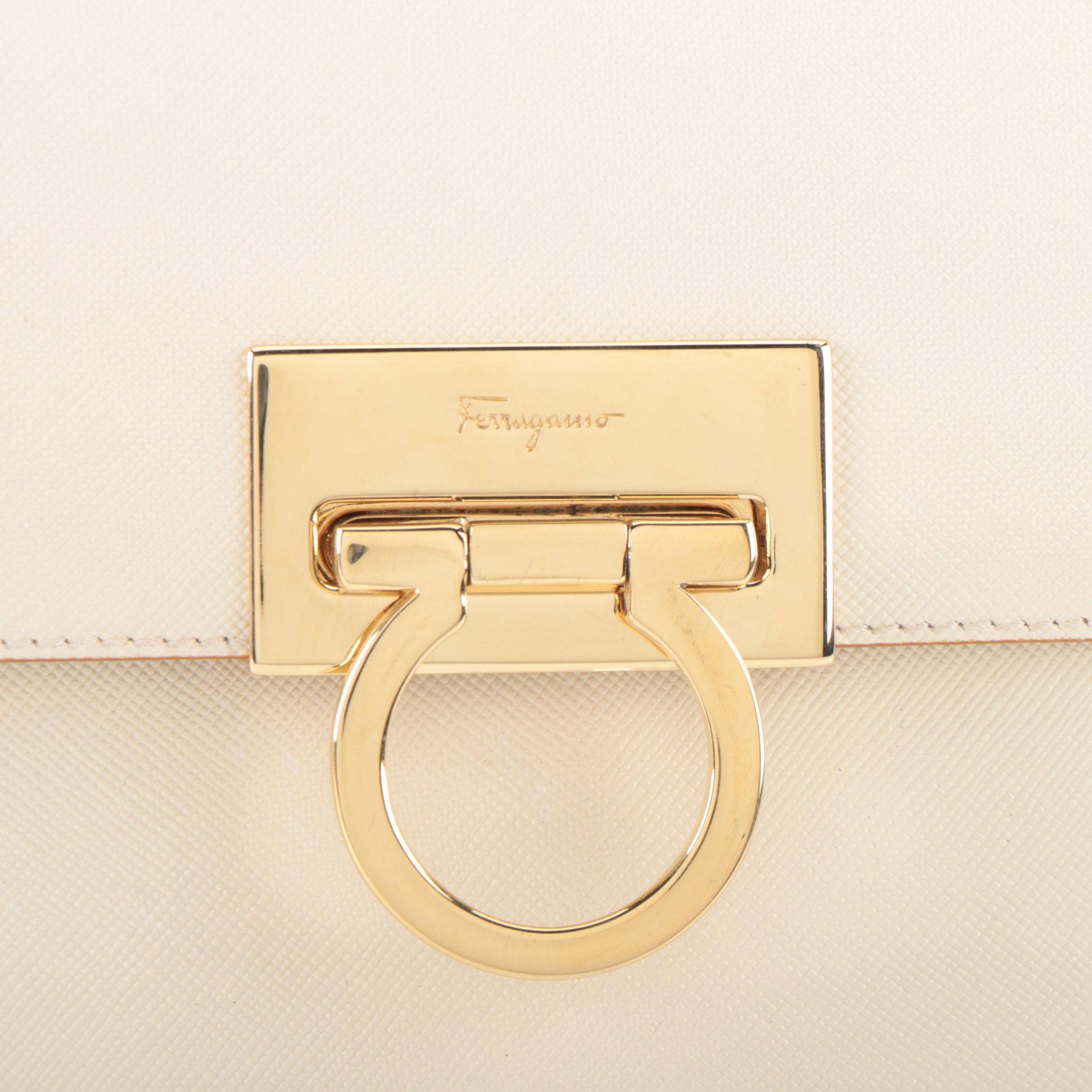 Salvatore Ferragamo Gancini Top Handle Bag in Off-White Saffiano Leather