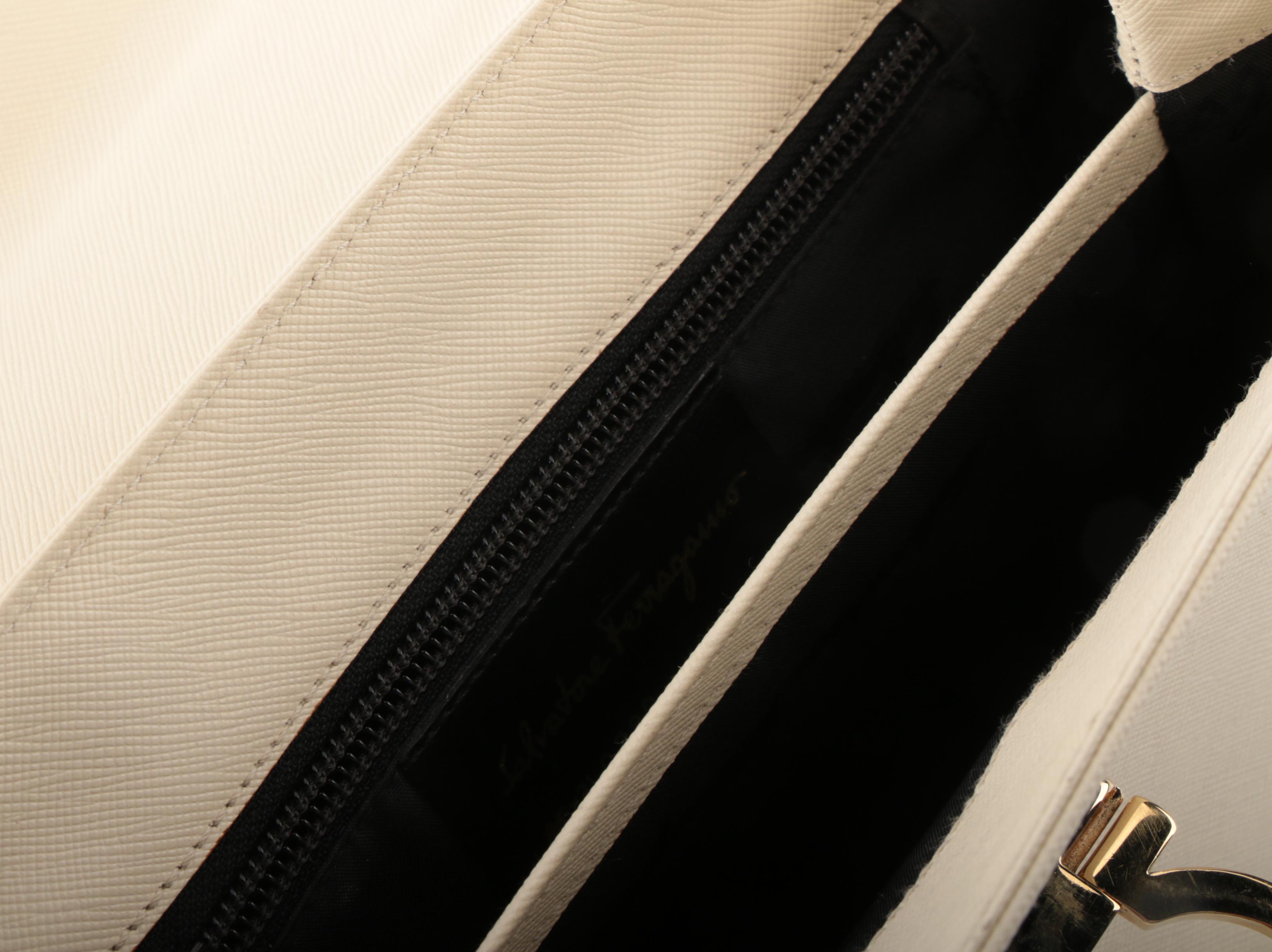 Salvatore Ferragamo Gancini Top Handle Bag in Off-White Saffiano Leather