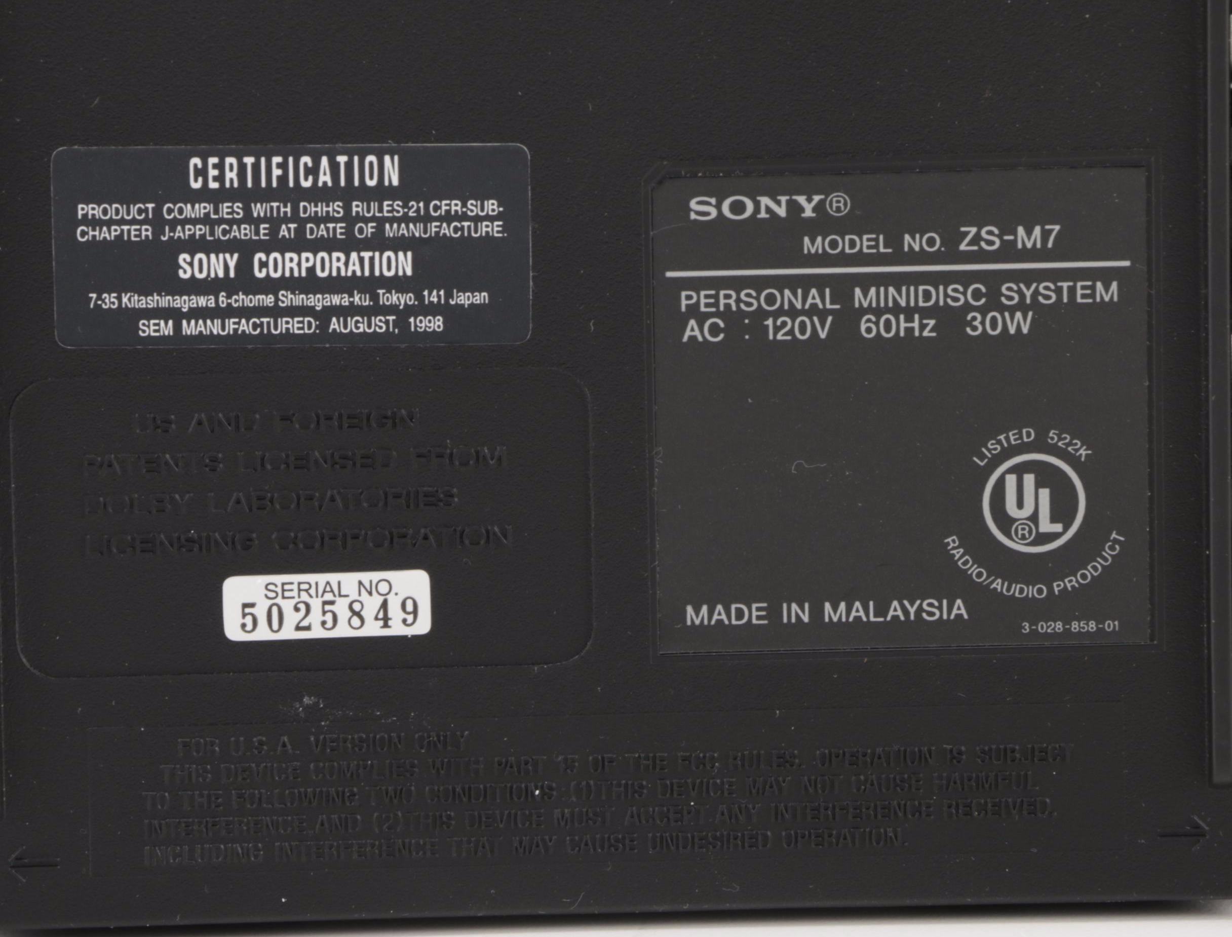 Sony ZS-M7 Personal Mini-Disc System, 1998