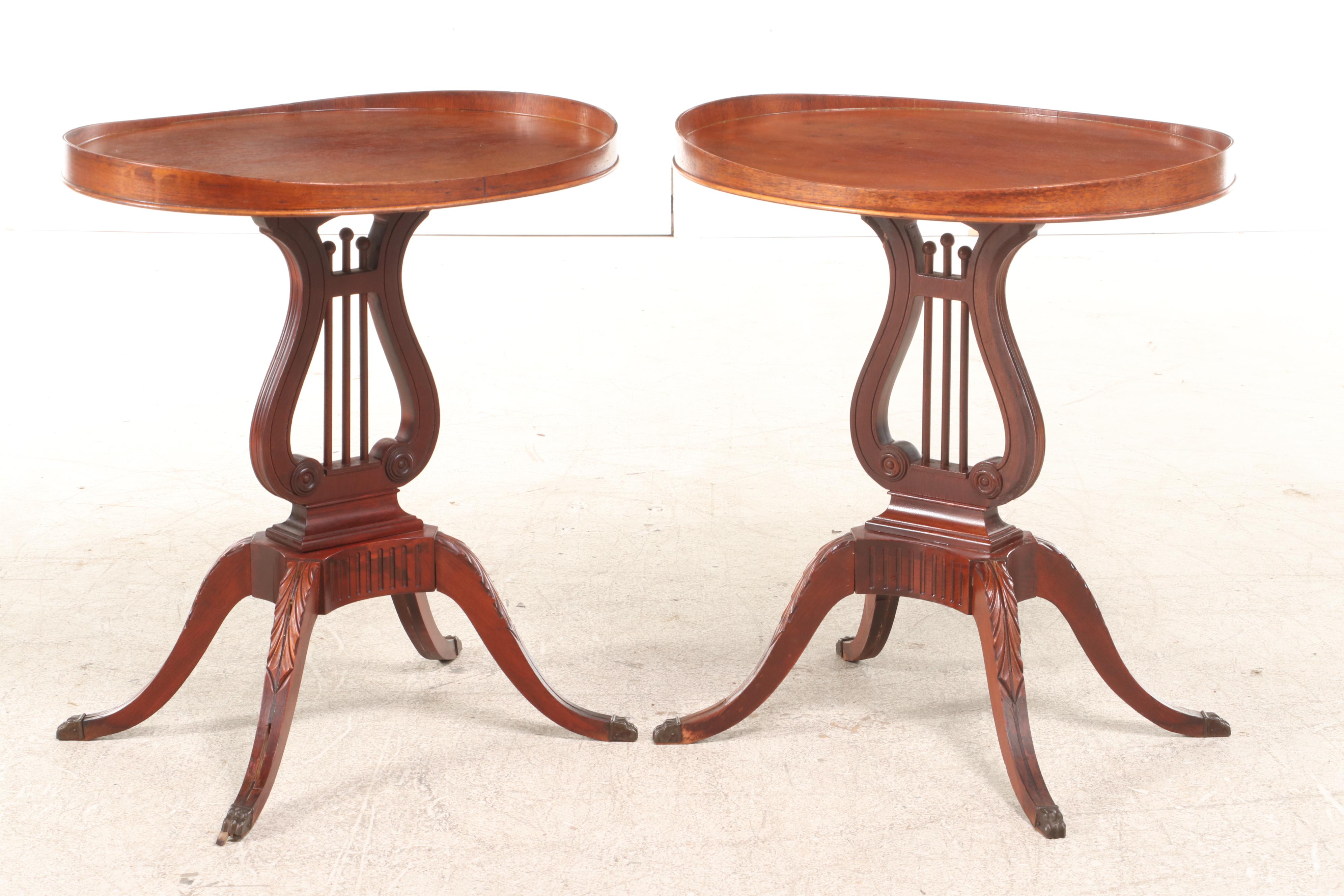 Pair of Mersman Classical Style Mahogany Lyre-Base Side Tables, Mid-20th Century