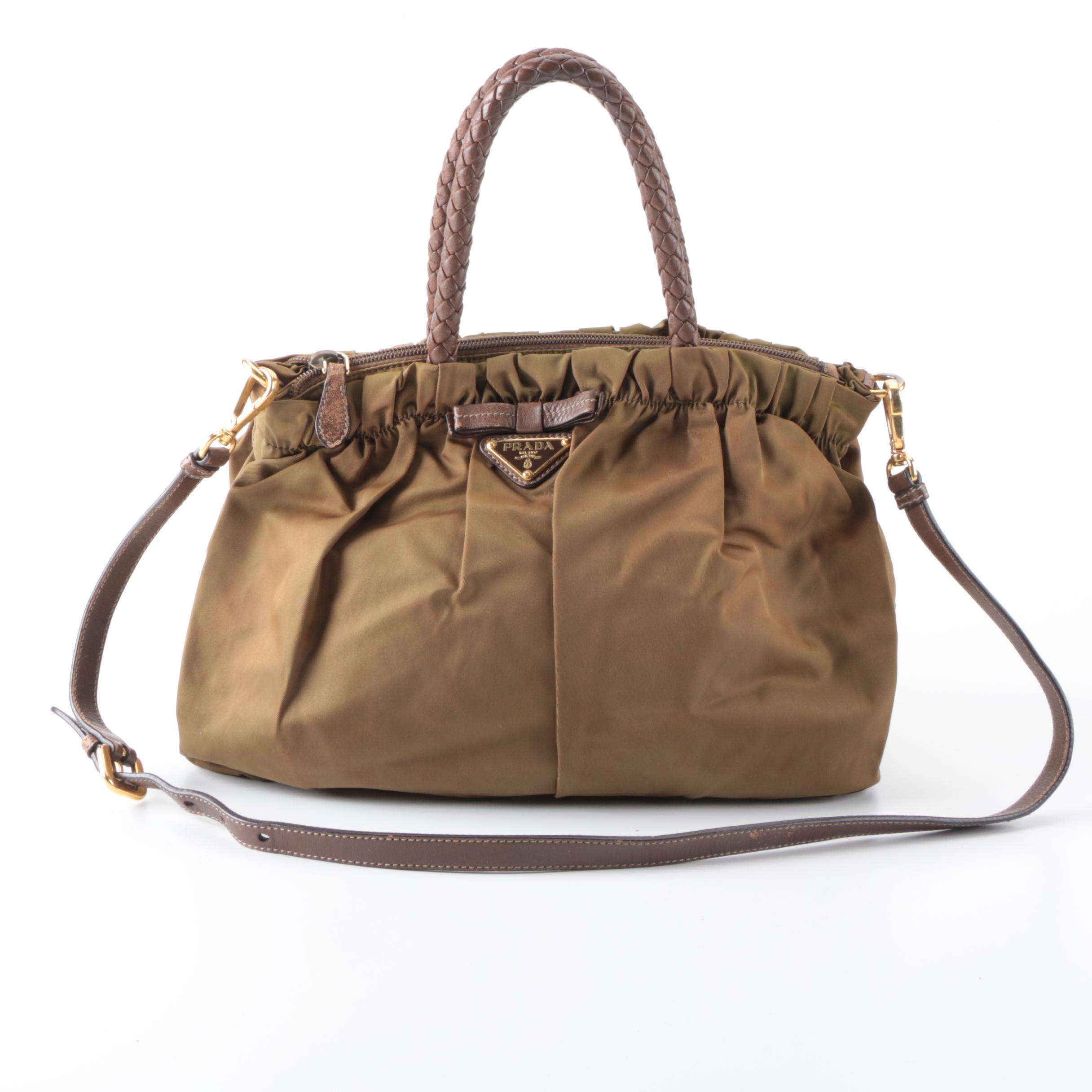 Prada Gathered Two-Way Bag in Olive Tessuto Nylon with Braided Handles