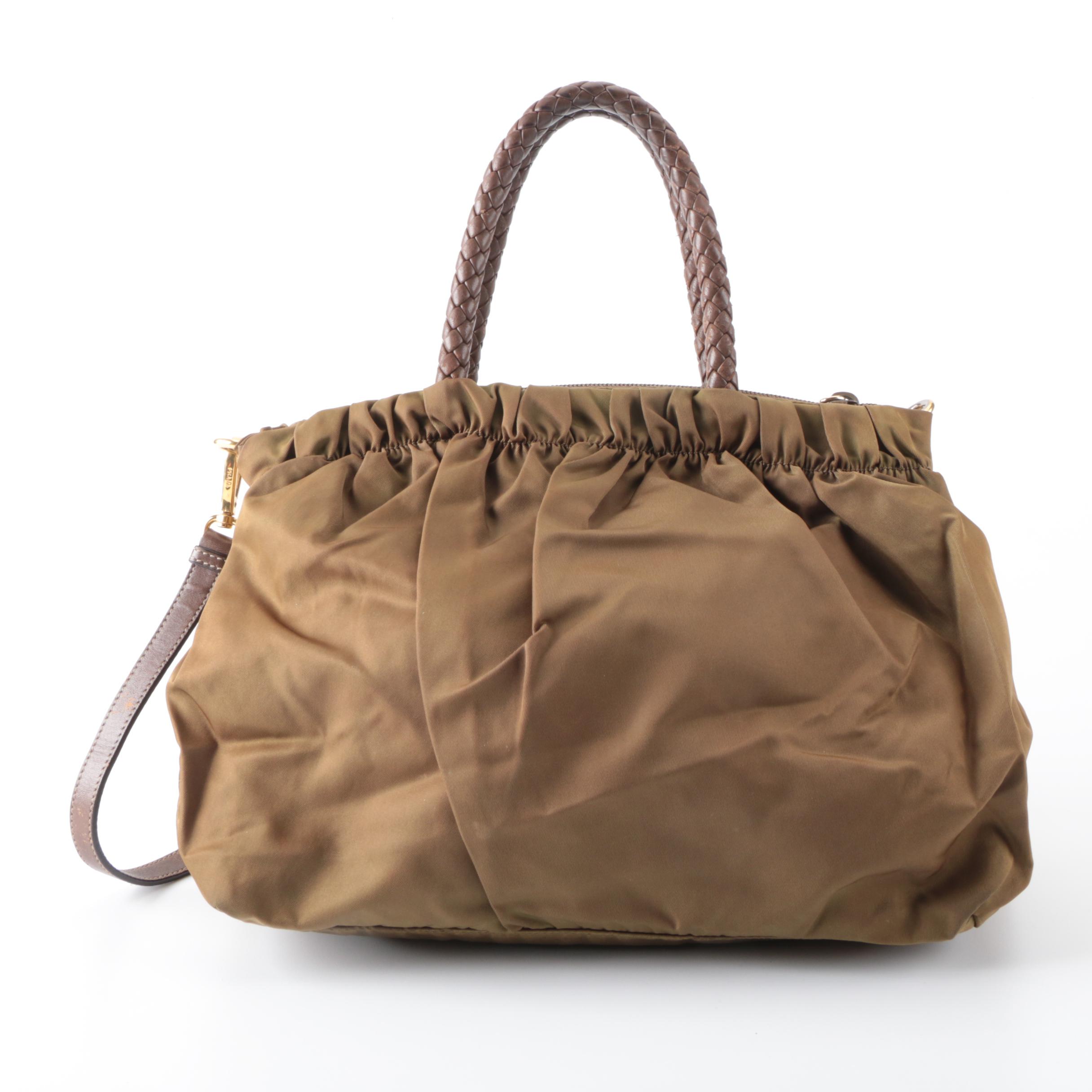 Prada Gathered Two-Way Bag in Olive Tessuto Nylon with Braided Handles