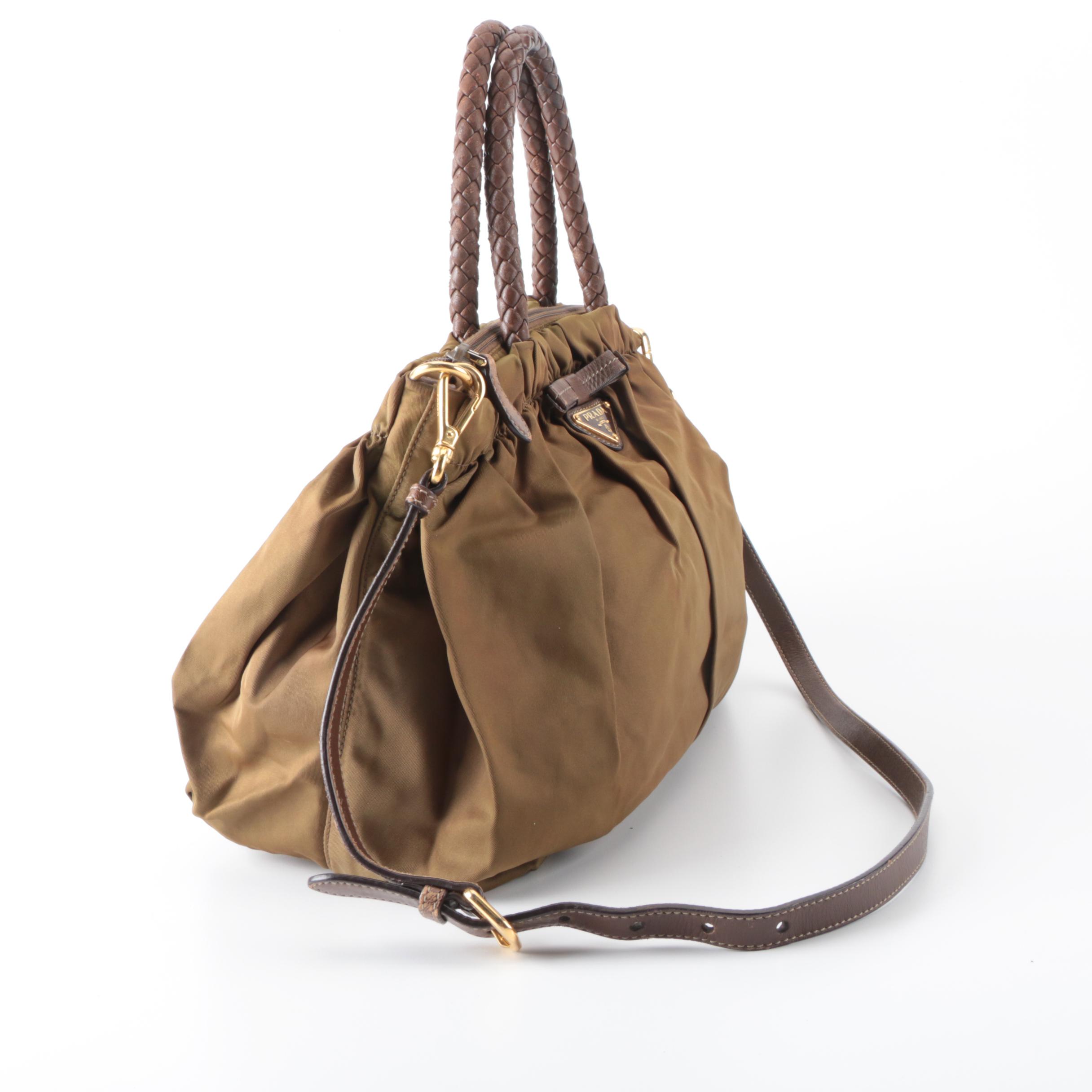 Prada Gathered Two-Way Bag in Olive Tessuto Nylon with Braided Handles
