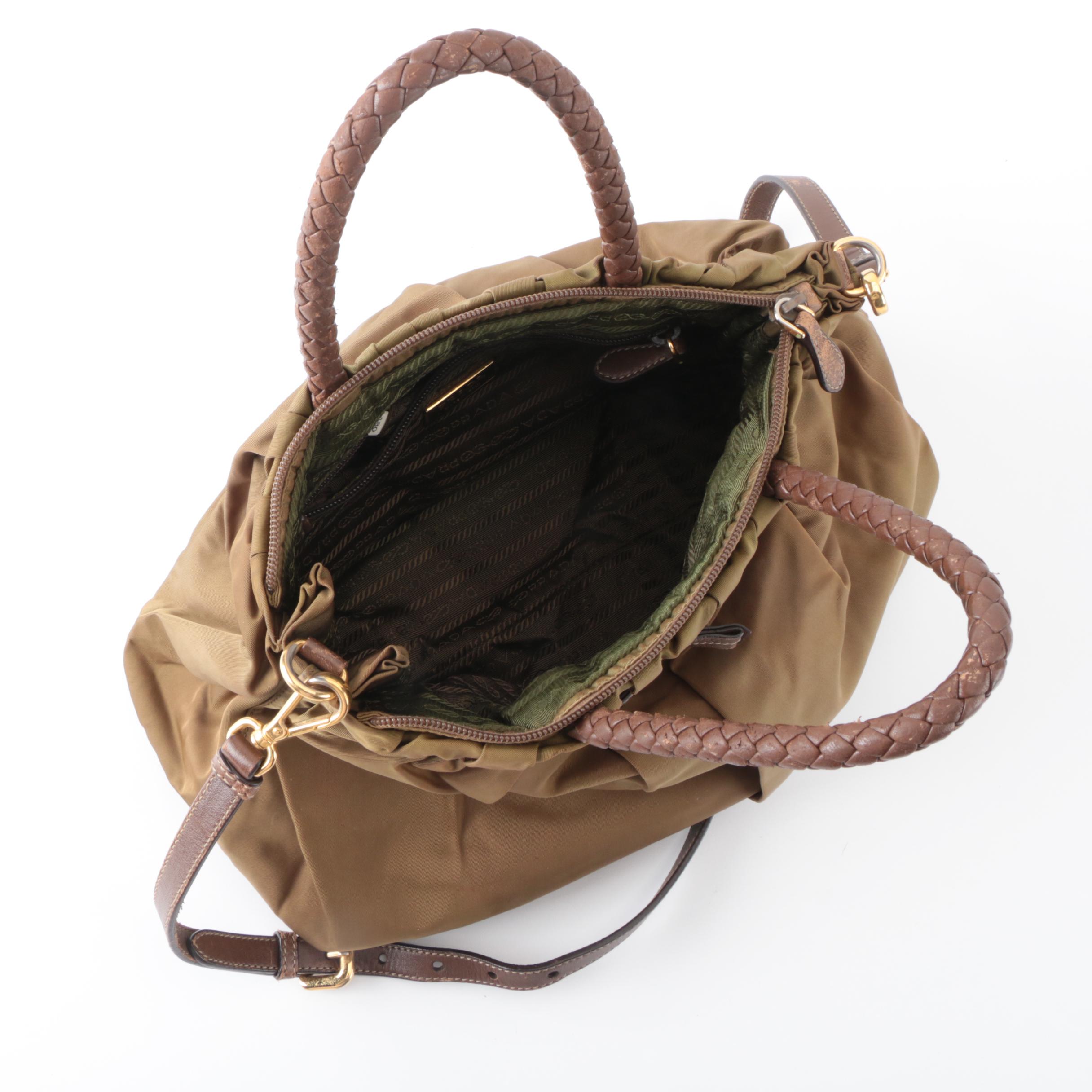 Prada Gathered Two-Way Bag in Olive Tessuto Nylon with Braided Handles