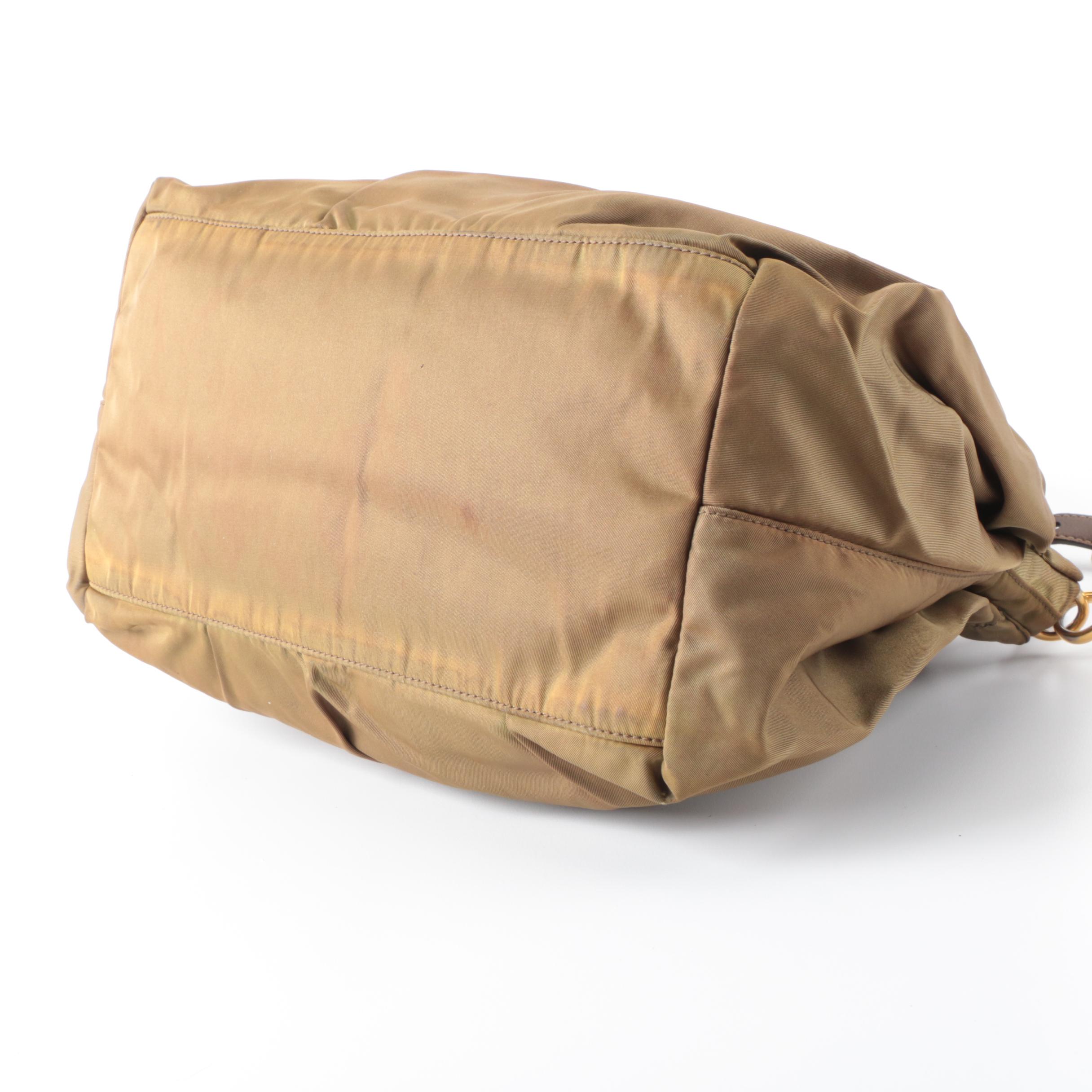 Prada Gathered Two-Way Bag in Olive Tessuto Nylon with Braided Handles