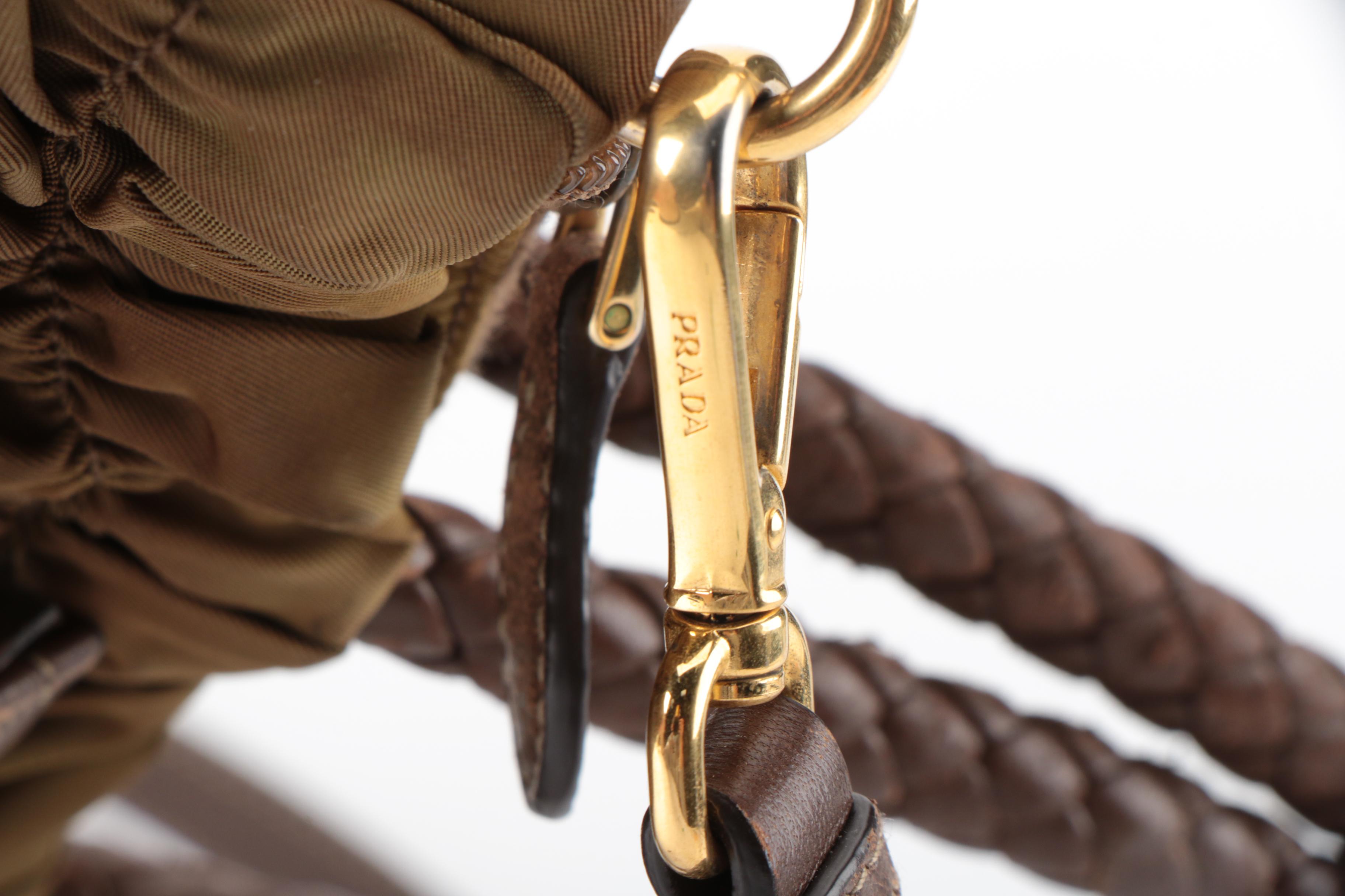 Prada Gathered Two-Way Bag in Olive Tessuto Nylon with Braided Handles