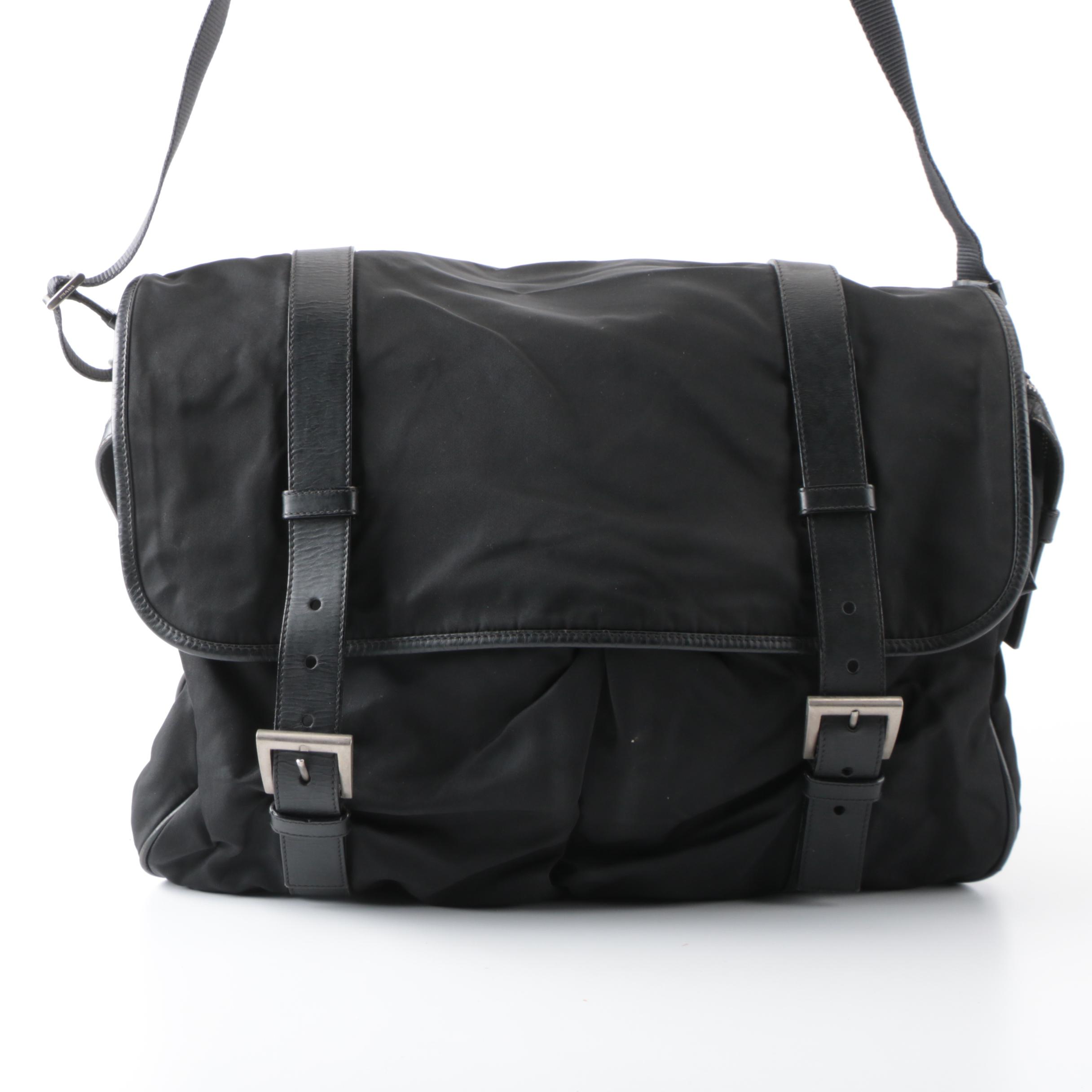 Prada Tessuto Messenger Bag in Black Nylon with Leather Trim
