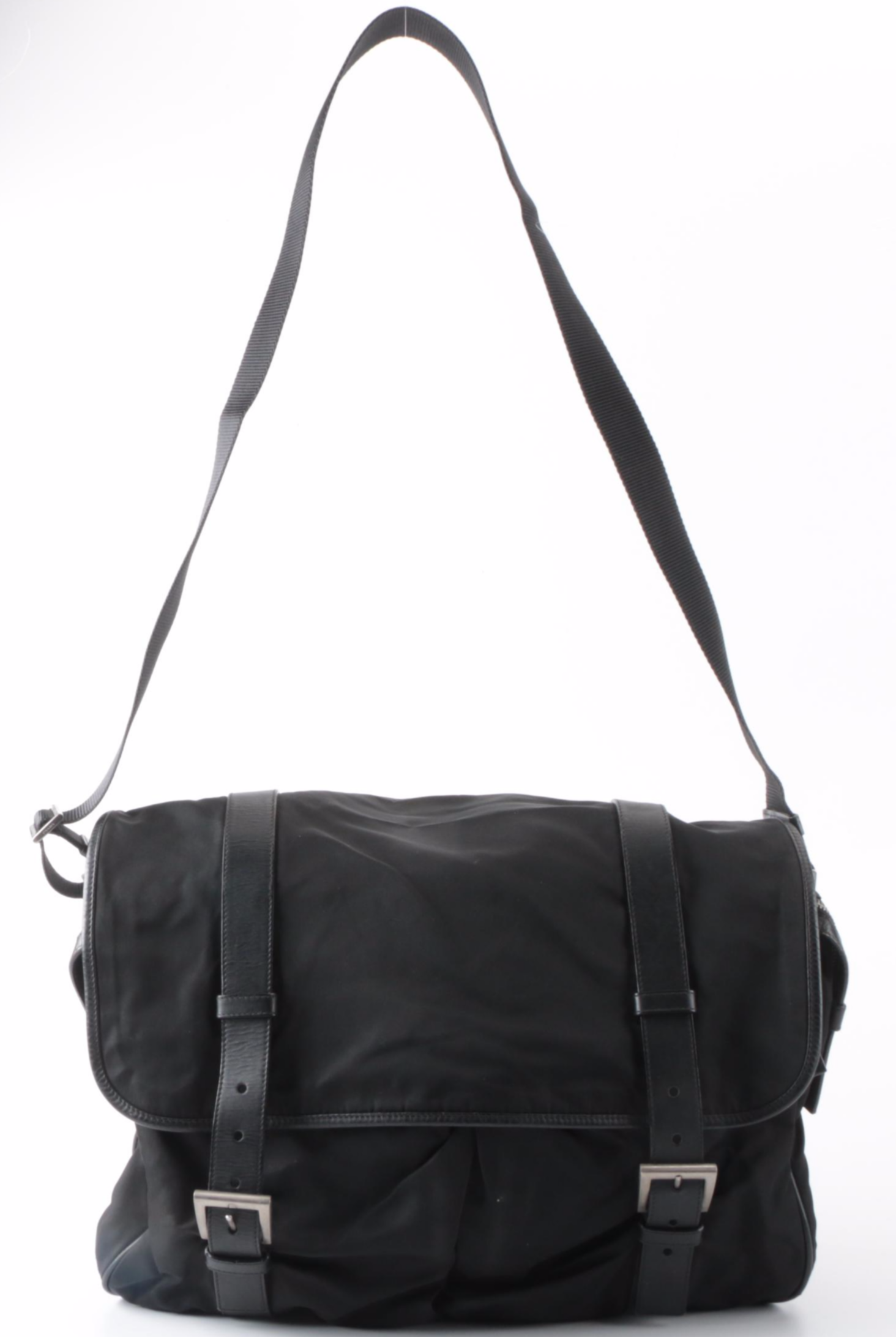 Prada Tessuto Messenger Bag in Black Nylon with Leather Trim