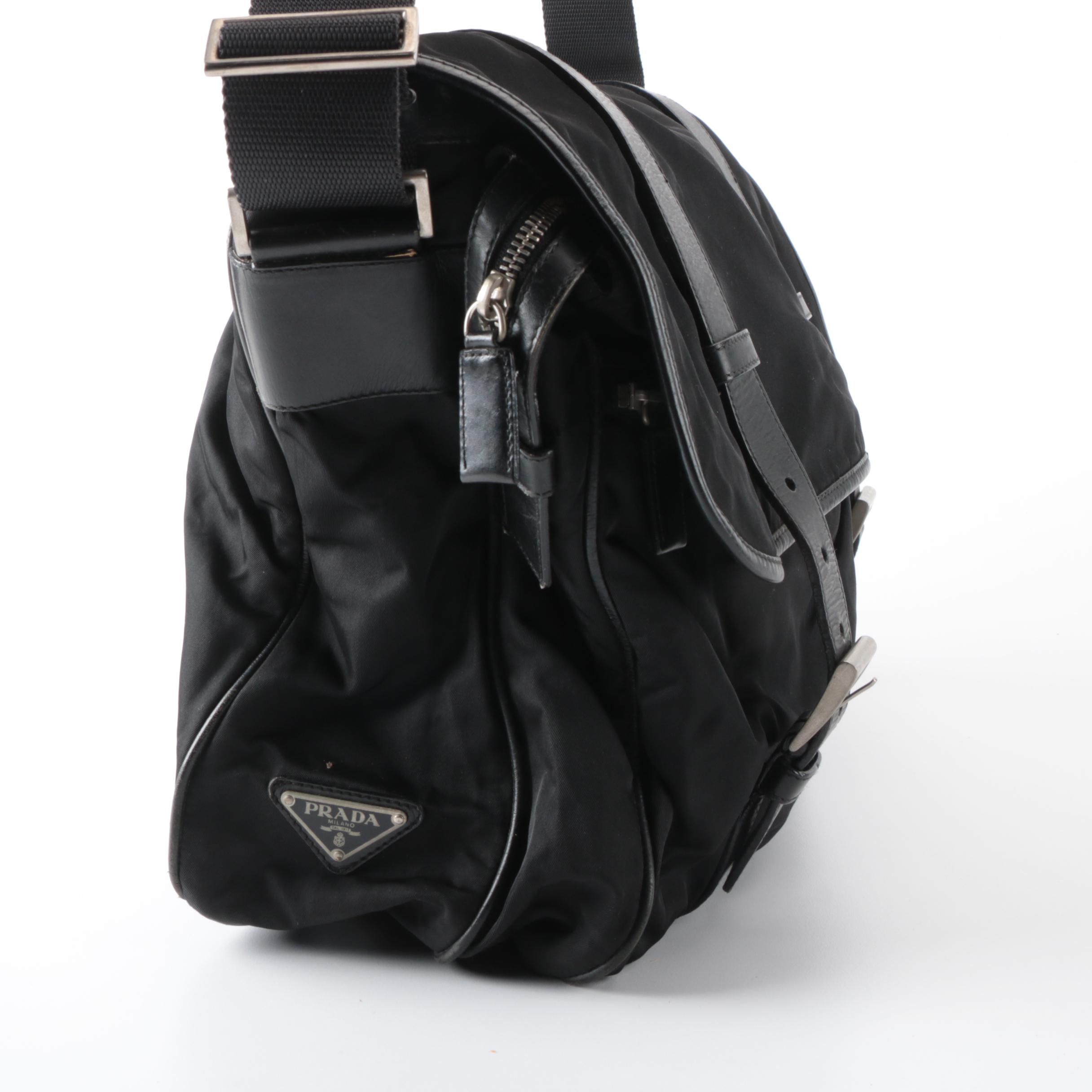 Prada Tessuto Messenger Bag in Black Nylon with Leather Trim