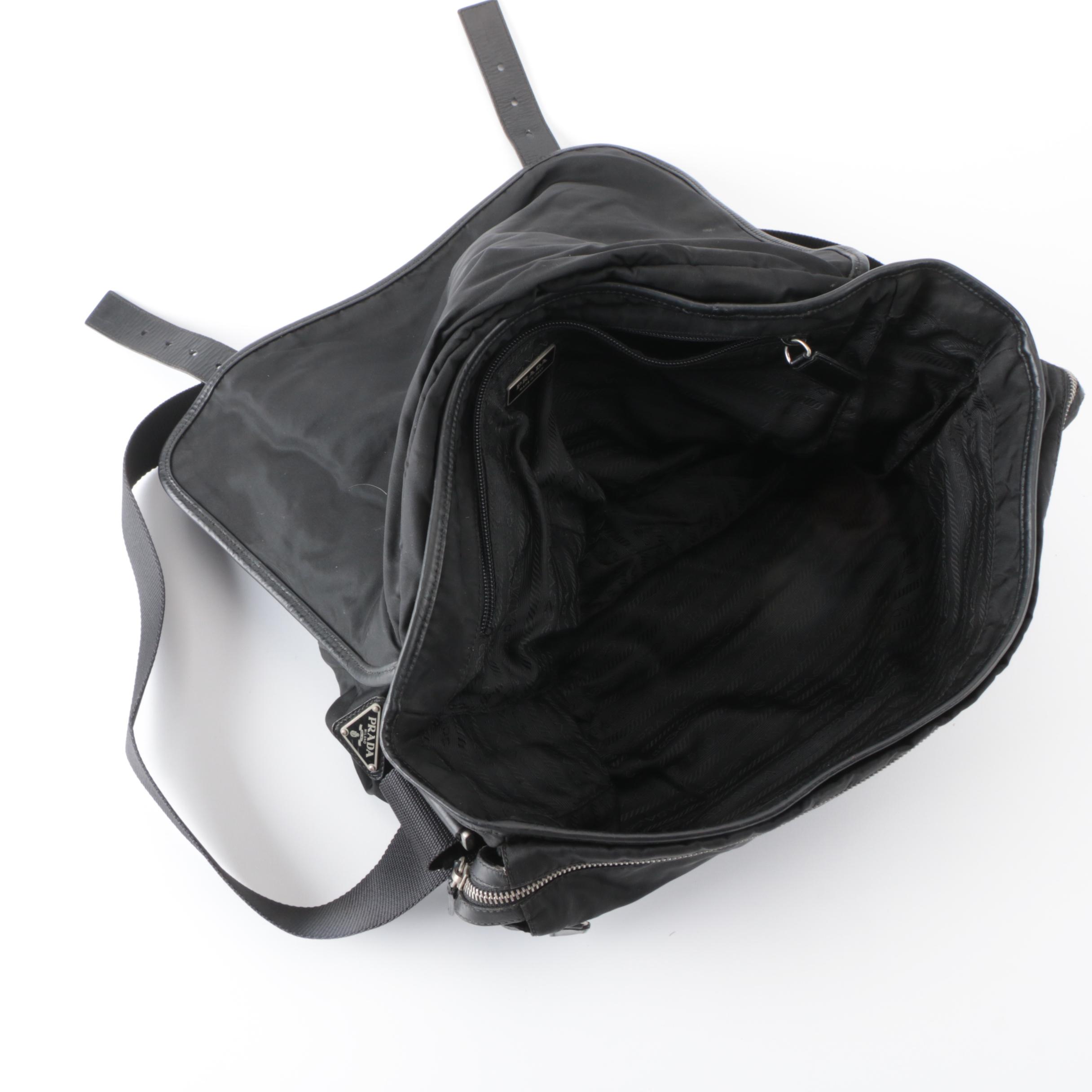Prada Tessuto Messenger Bag in Black Nylon with Leather Trim