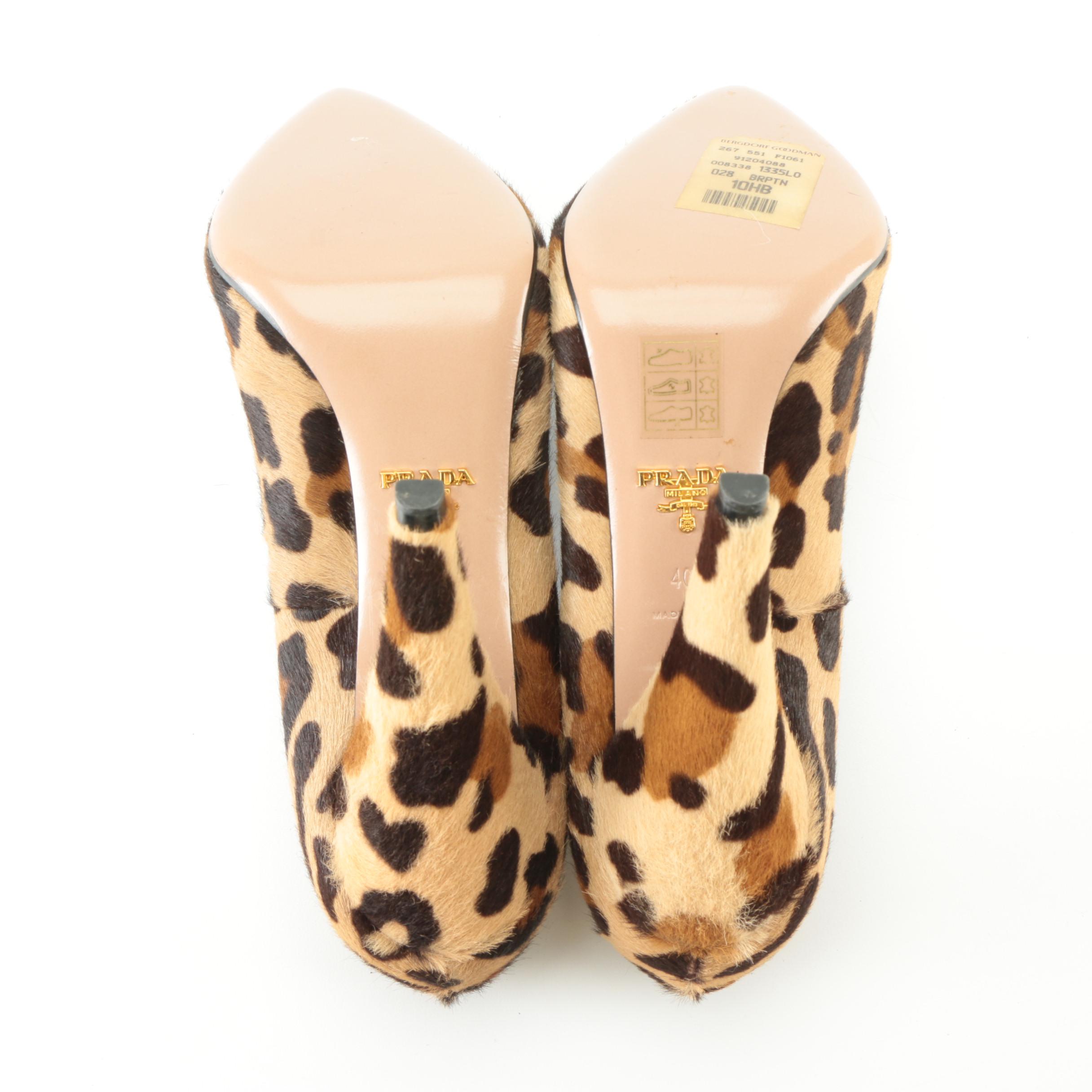 Prada Heels in Leopard Print Pony Hair with Suede Ruffle Trim