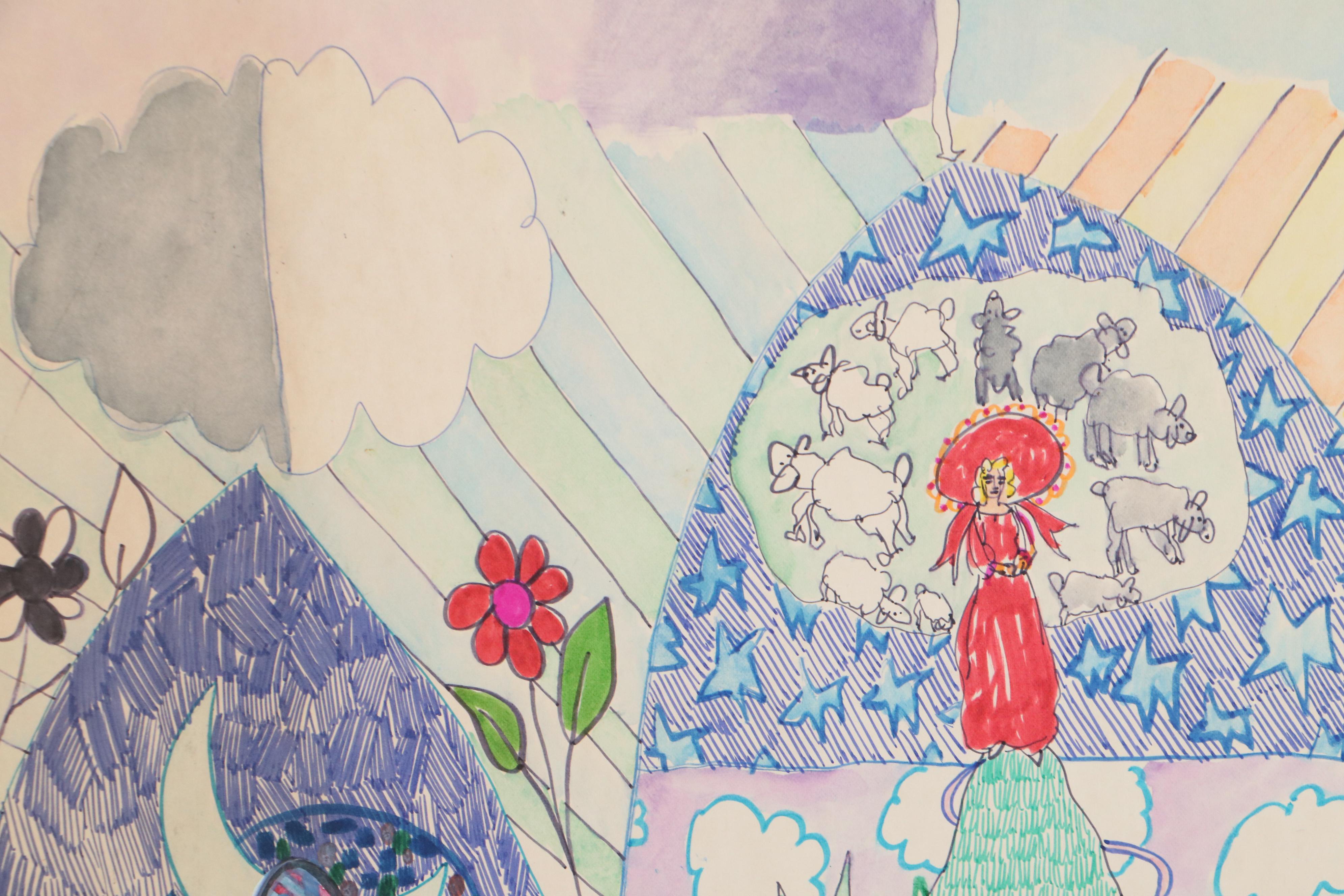 Philip the Transplant Marker Drawing "Flower Time," 1975