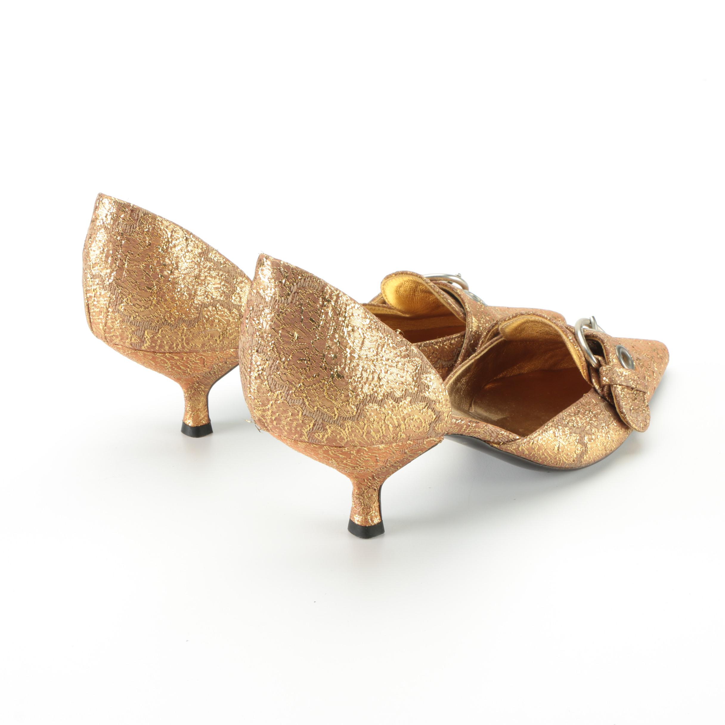 Prada Slingback Mules in Gold Metallic Brocade Fabric