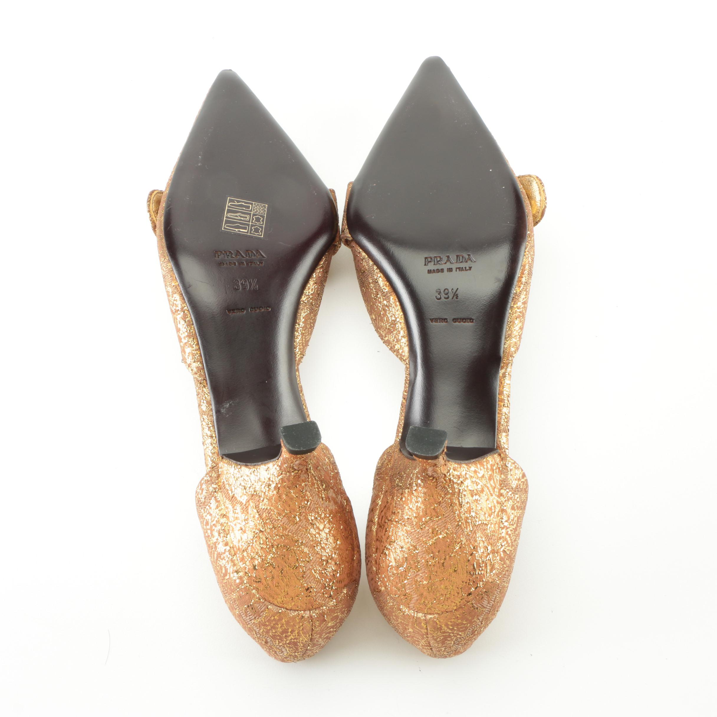 Prada Slingback Mules in Gold Metallic Brocade Fabric