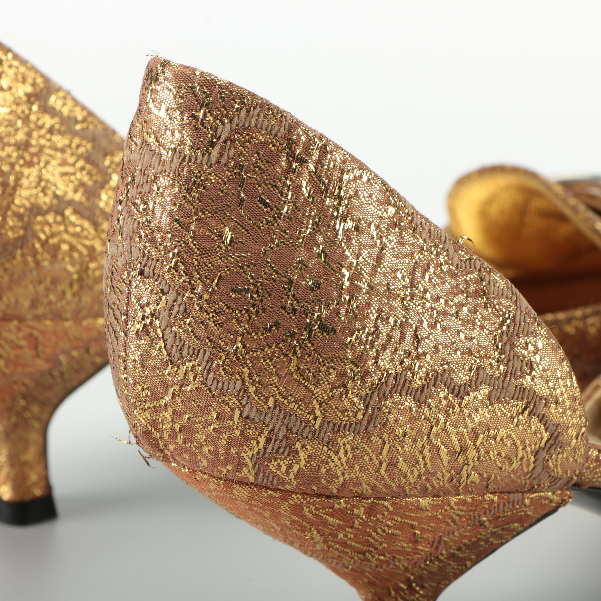 Prada Slingback Mules in Gold Metallic Brocade Fabric