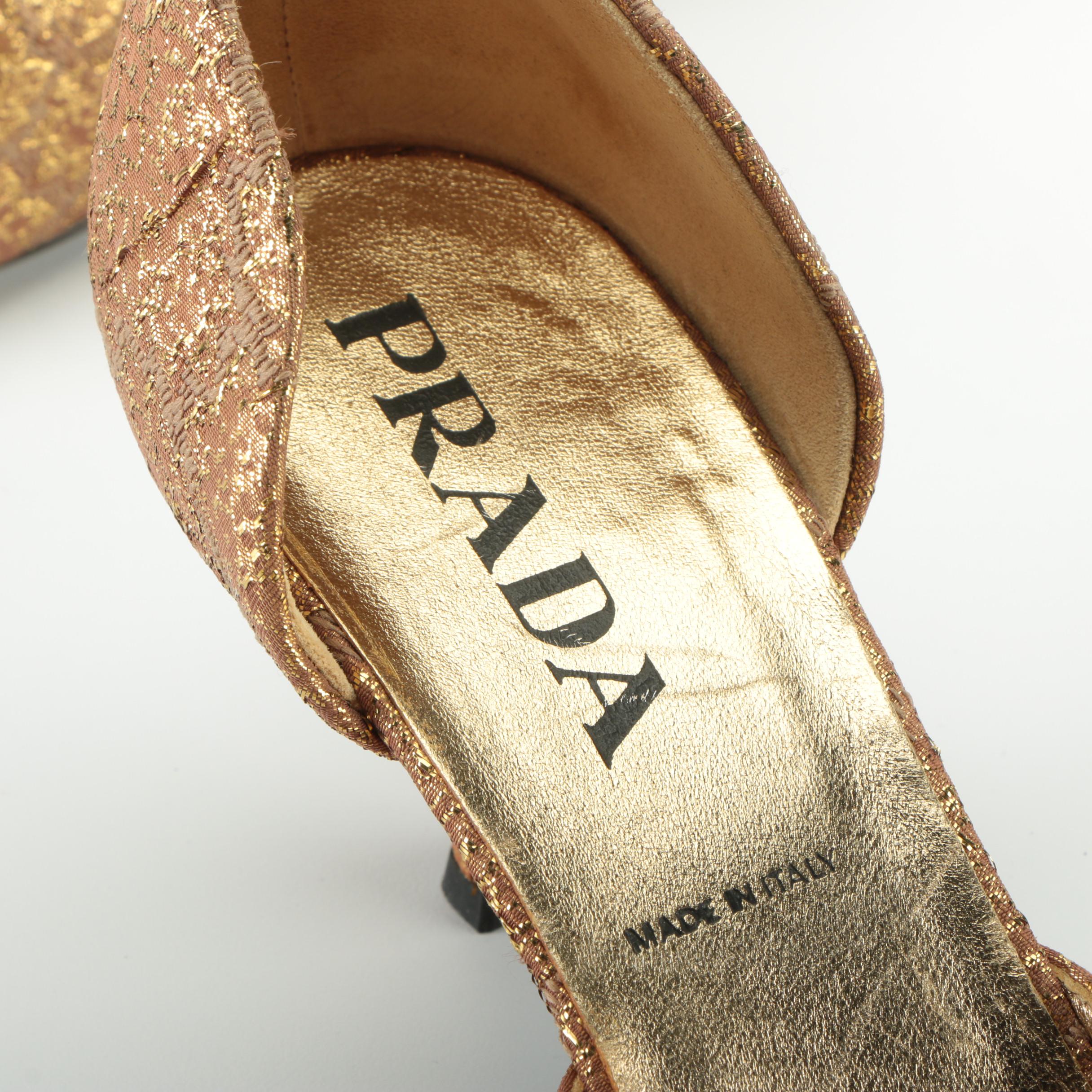 Prada Slingback Mules in Gold Metallic Brocade Fabric