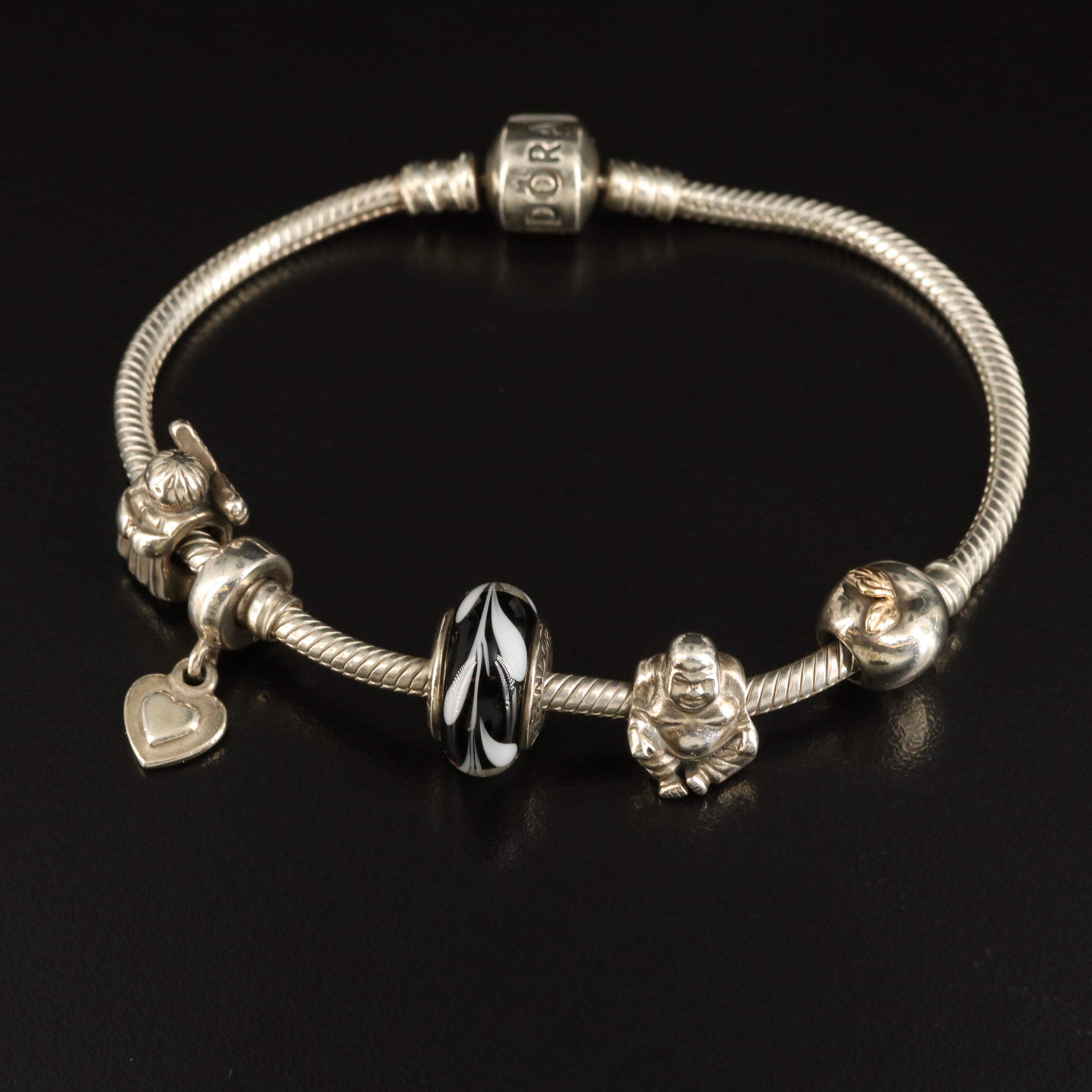 Pandora Sterling Charm Bracelet with Murano Glass
