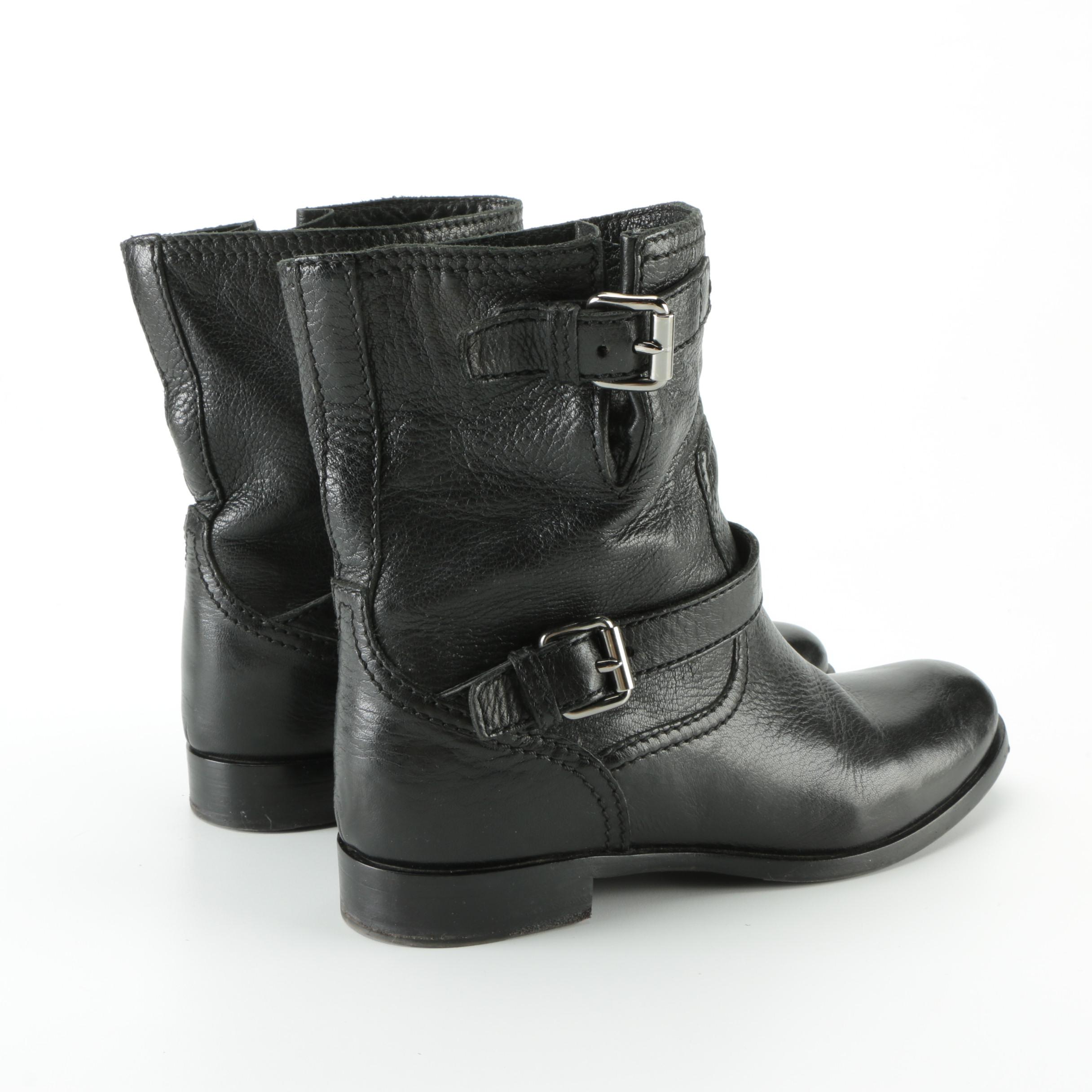 Prada Mid-Calf Moto Boots in Black Grained Leather
