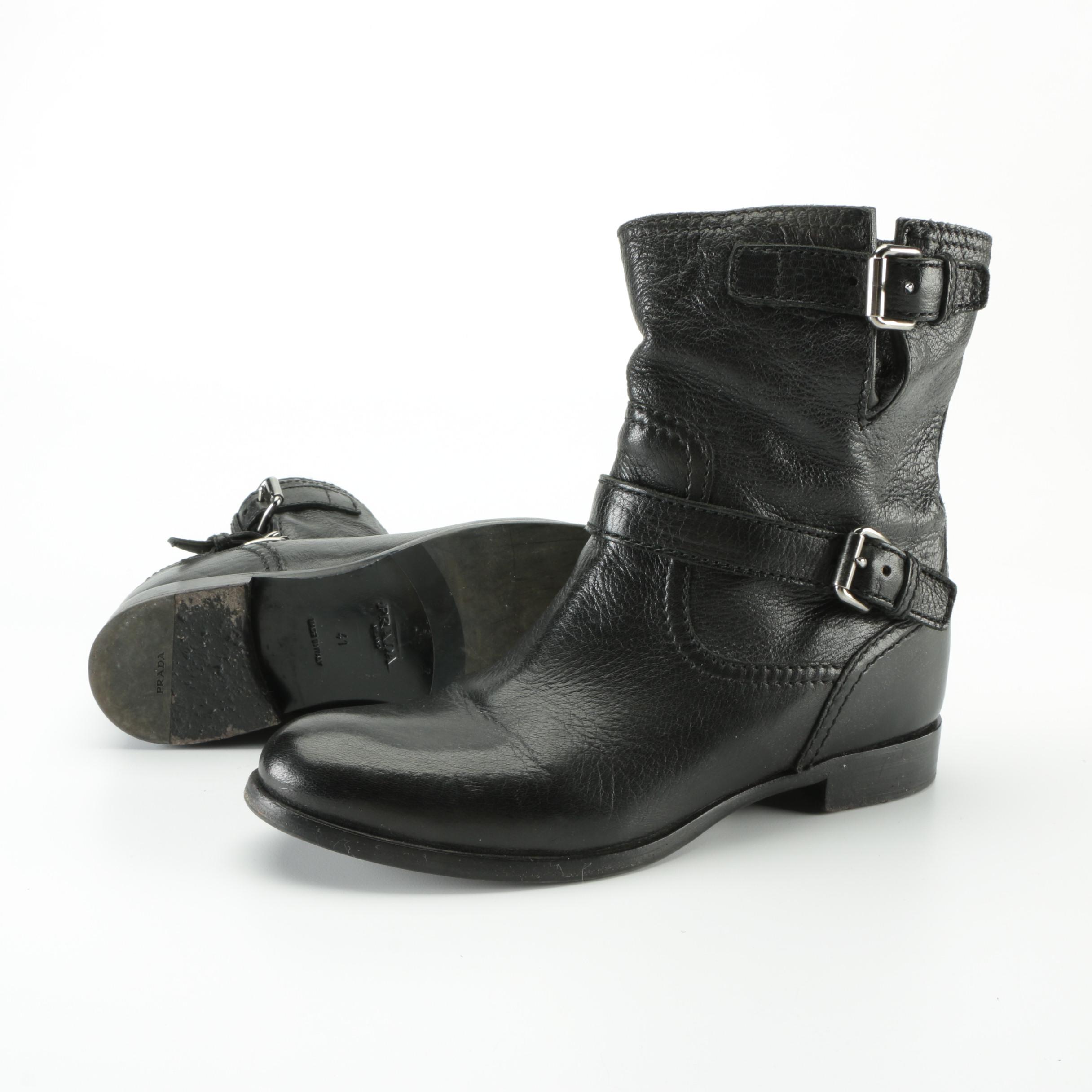 Prada Mid-Calf Moto Boots in Black Grained Leather