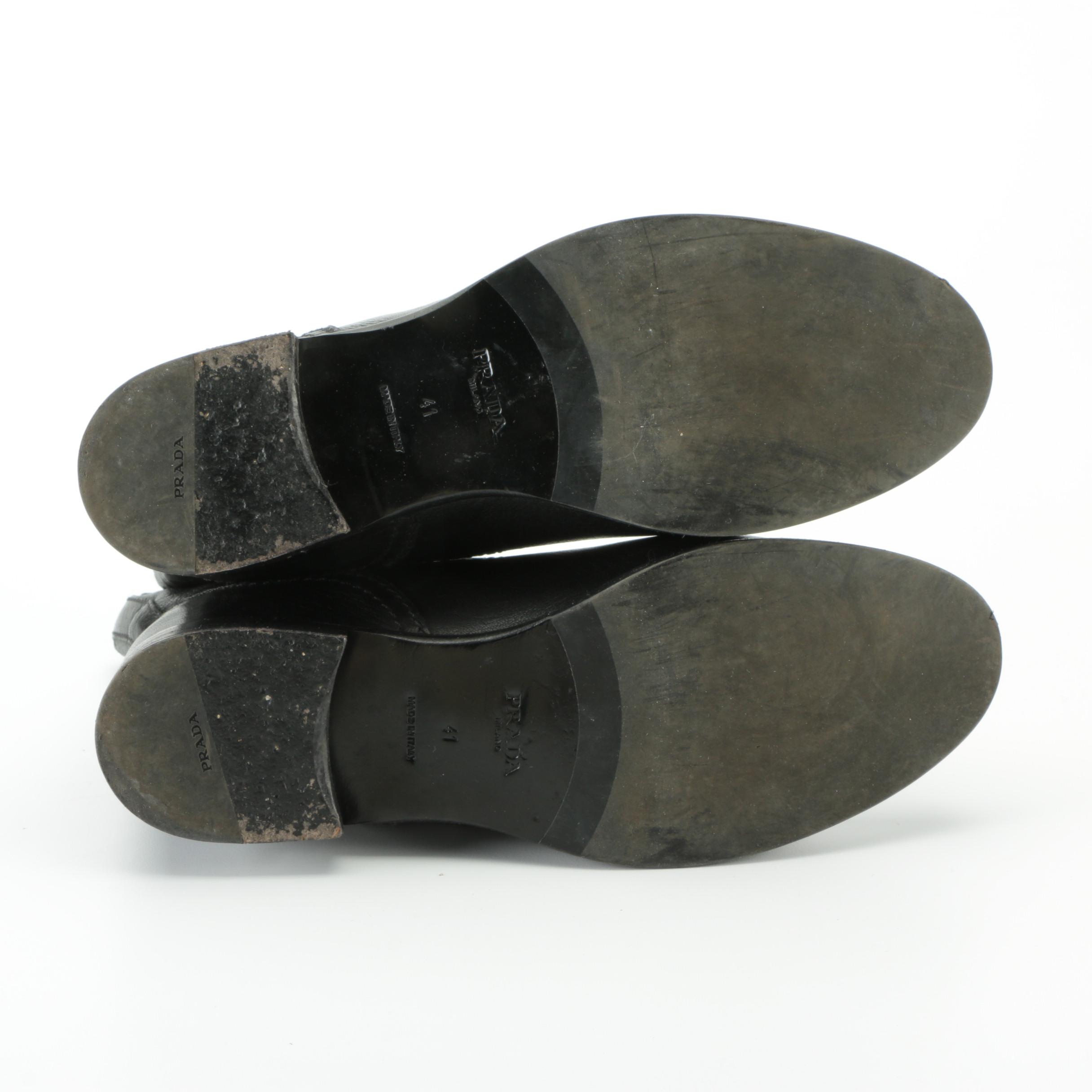 Prada Mid-Calf Moto Boots in Black Grained Leather