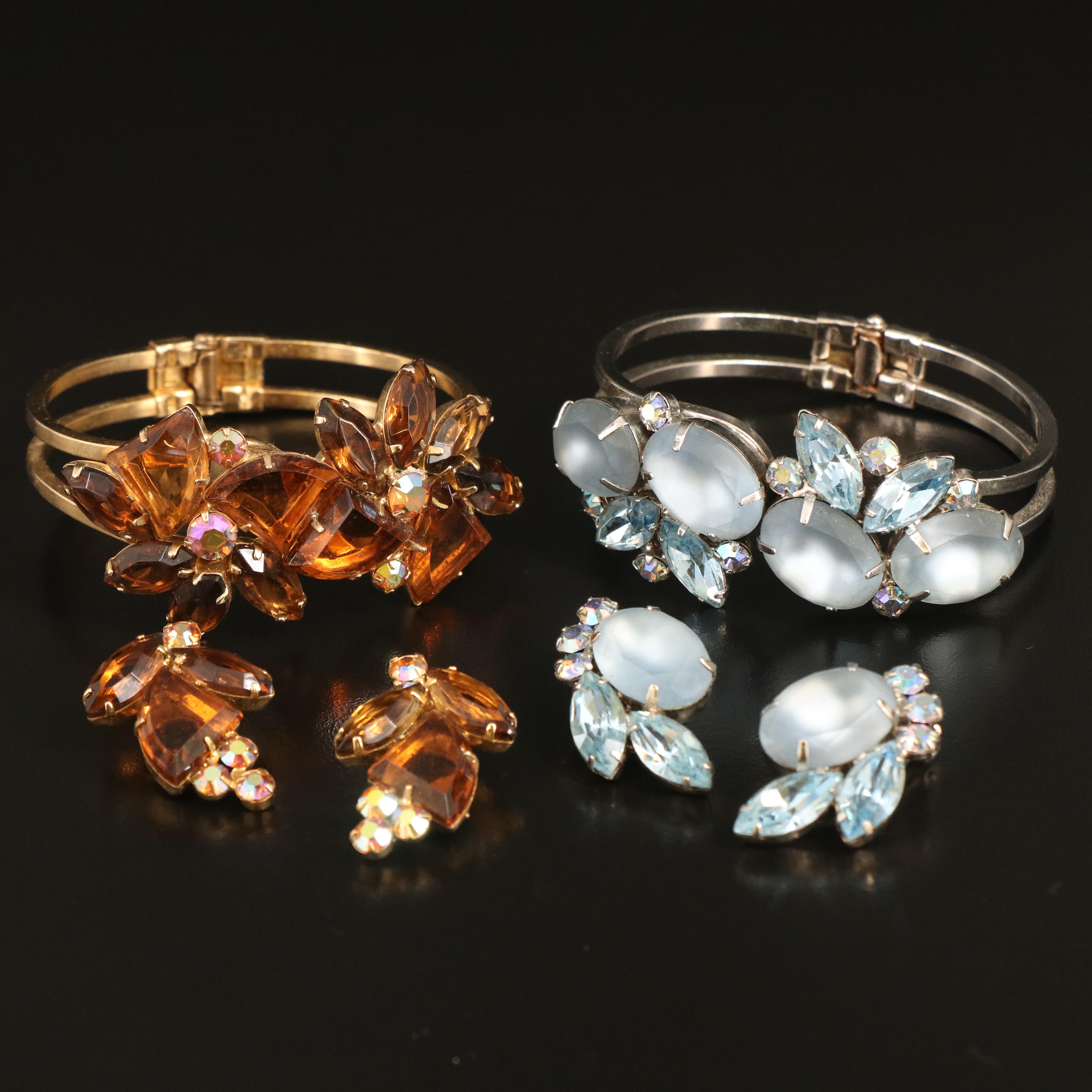 Juliana Rhinestone, Frosted and Amber Glass Clamper and Earring Sets