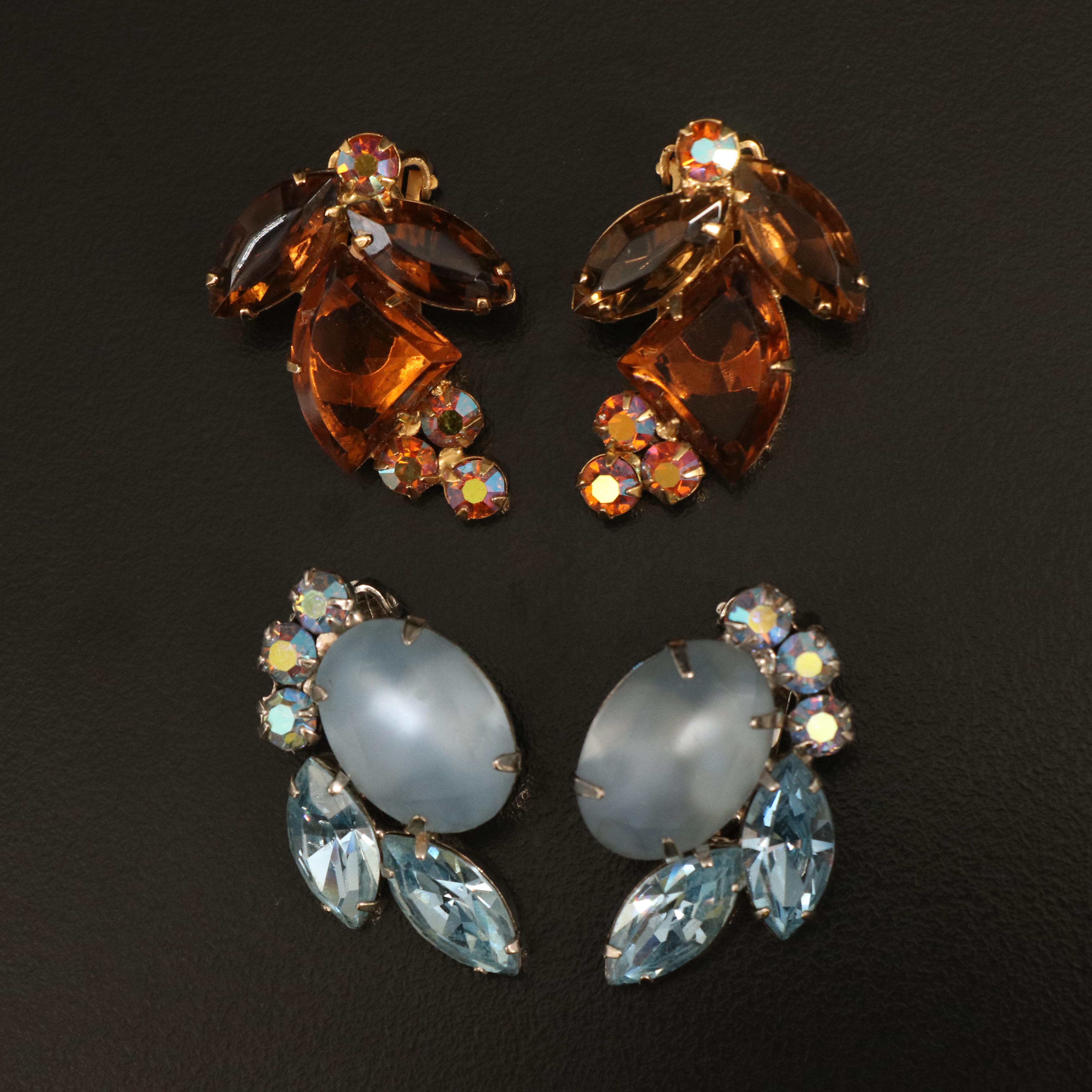Juliana Rhinestone, Frosted and Amber Glass Clamper and Earring Sets