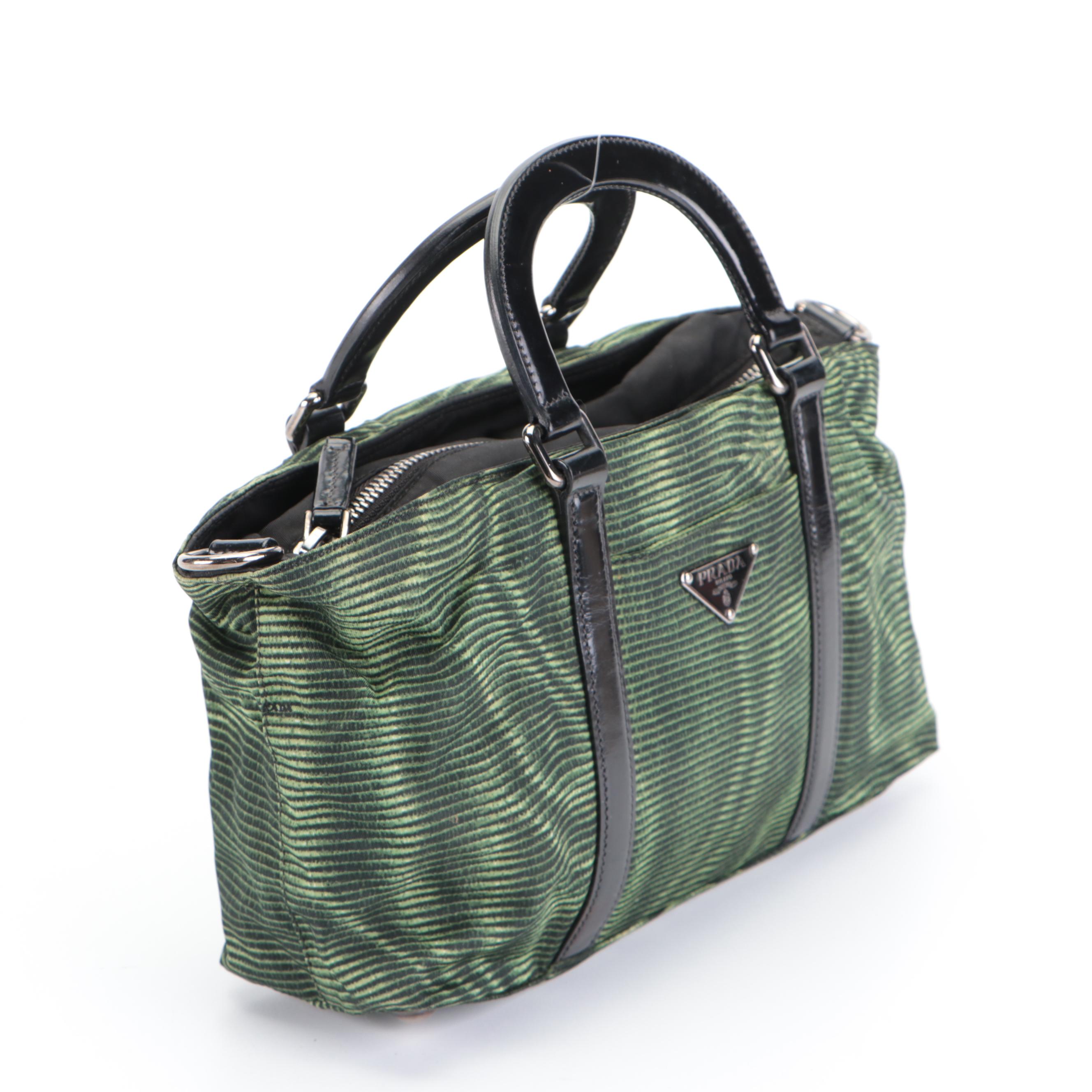 Prada Handbag Small in Green Digital Print Nylon Tessuto and Black Leather