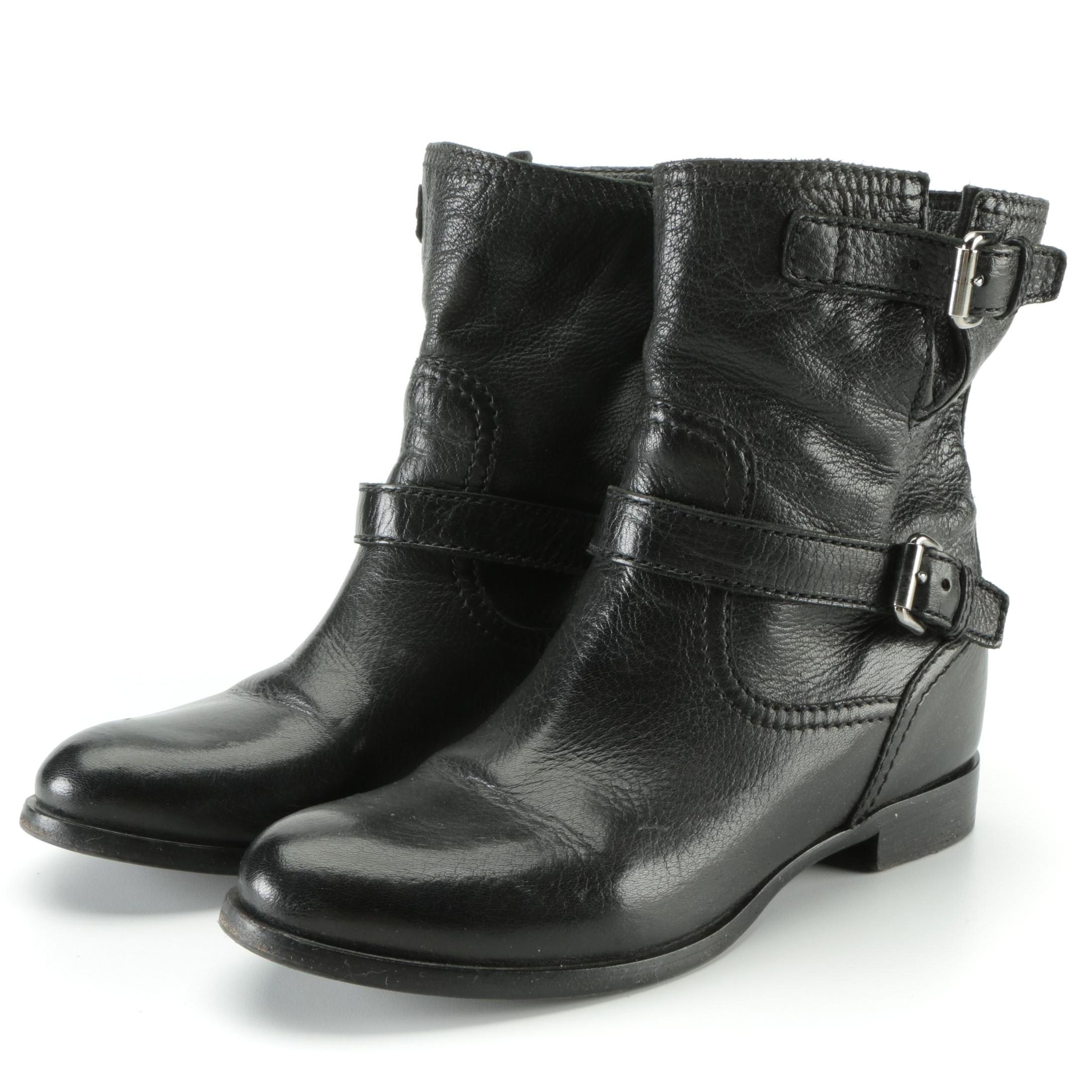 Prada Mid-Calf Moto Boots in Black Grained Leather