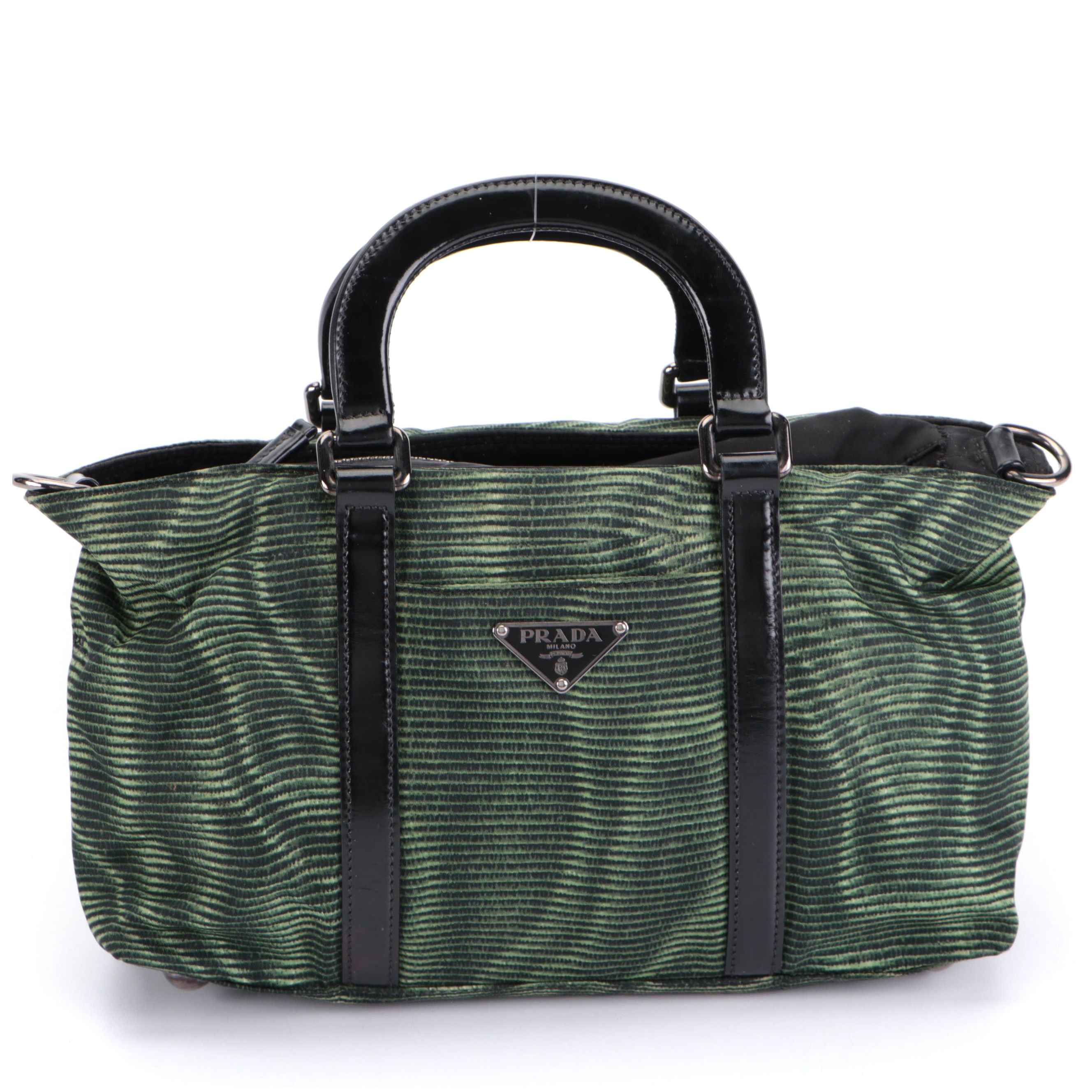 Prada Handbag Small in Green Digital Print Nylon Tessuto and Black Leather