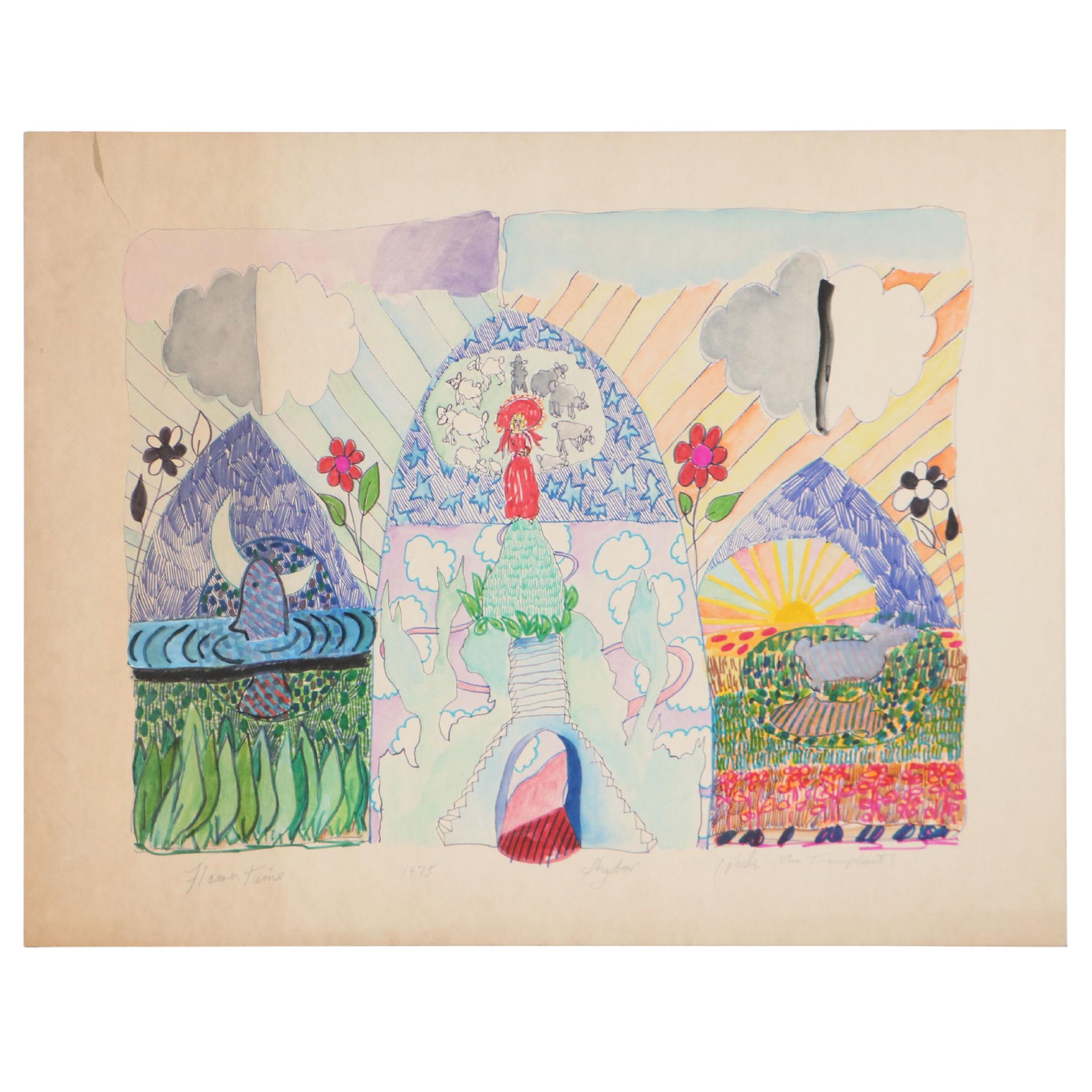 Philip the Transplant Marker Drawing "Flower Time," 1975