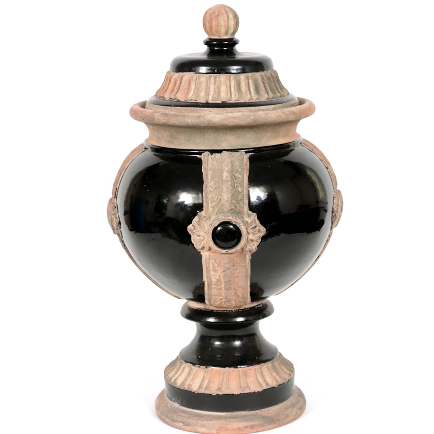 Large Black-Glazed Earthenware Lidded Urn