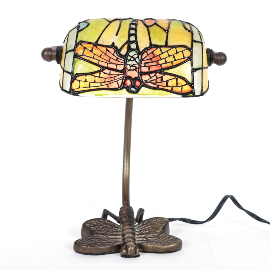 Dragonfly-Motif Faux Stained Glass and Bronze-Patinated Metal Desktop Lamp