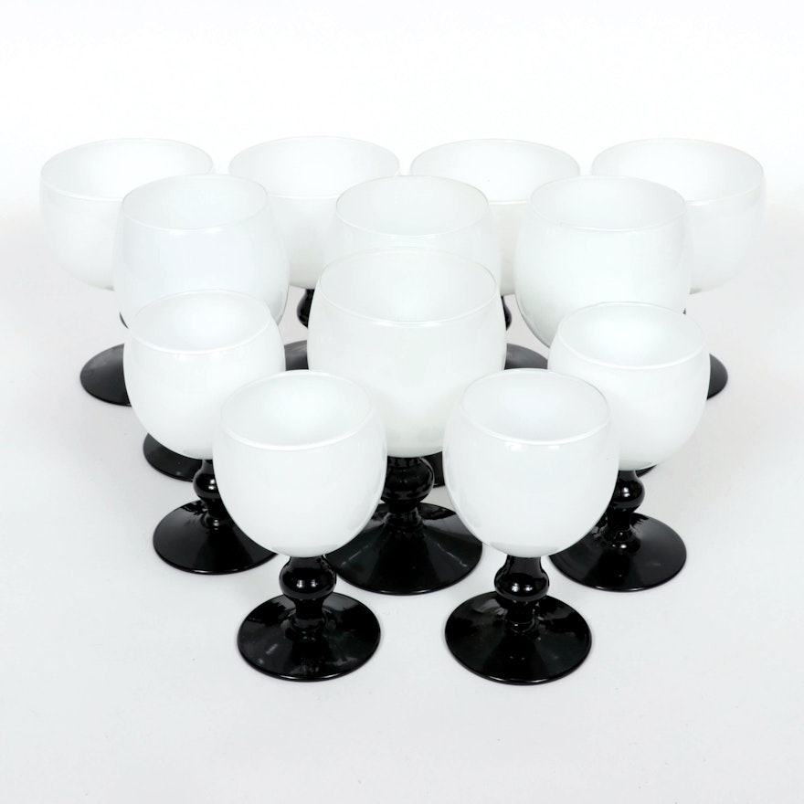 White and Black Blown Glass Wine and Water Glasses