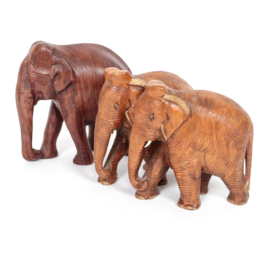 Indian Carved Wood Elephants with Bone Tusks