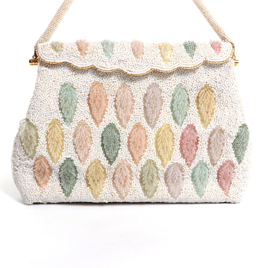 Hand-Beaded Handbag in Pastel Foliate Pattern