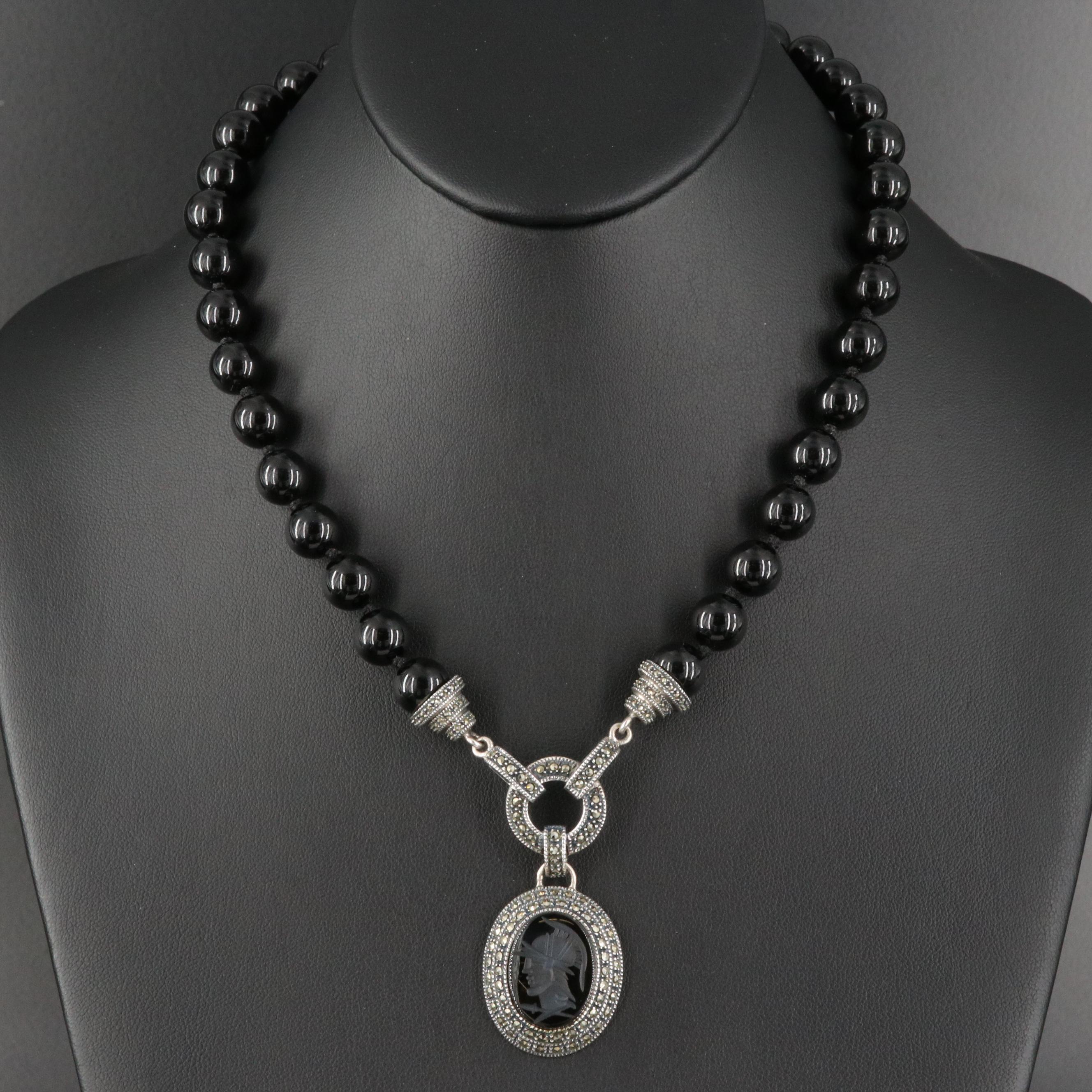 Judith Jack Sterling Silver Black Onyx and Marcasite Cameo Pendant Necklace
