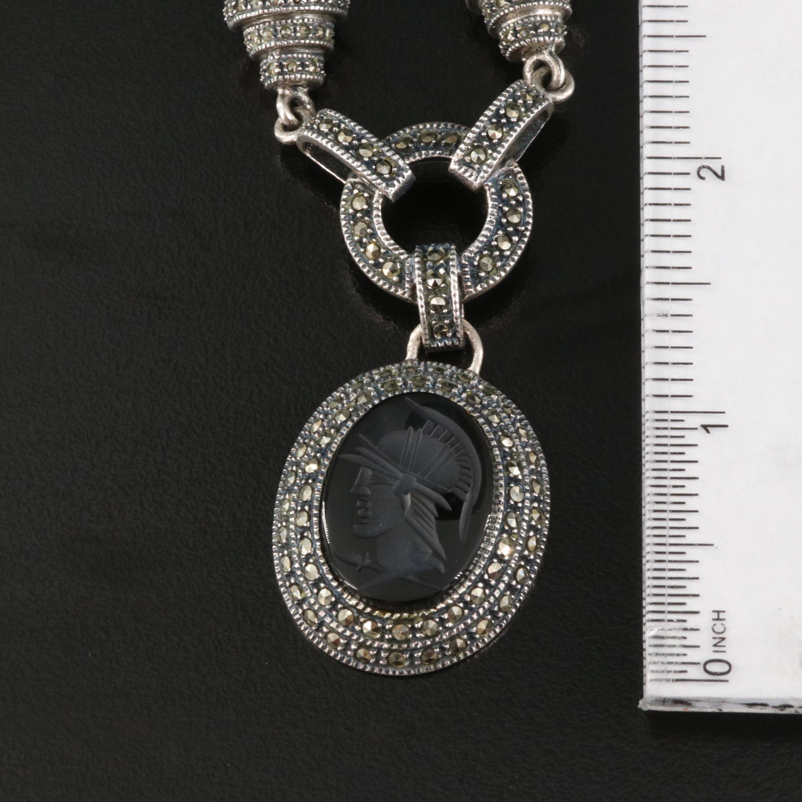 Judith Jack Sterling Silver Black Onyx and Marcasite Cameo Pendant Necklace