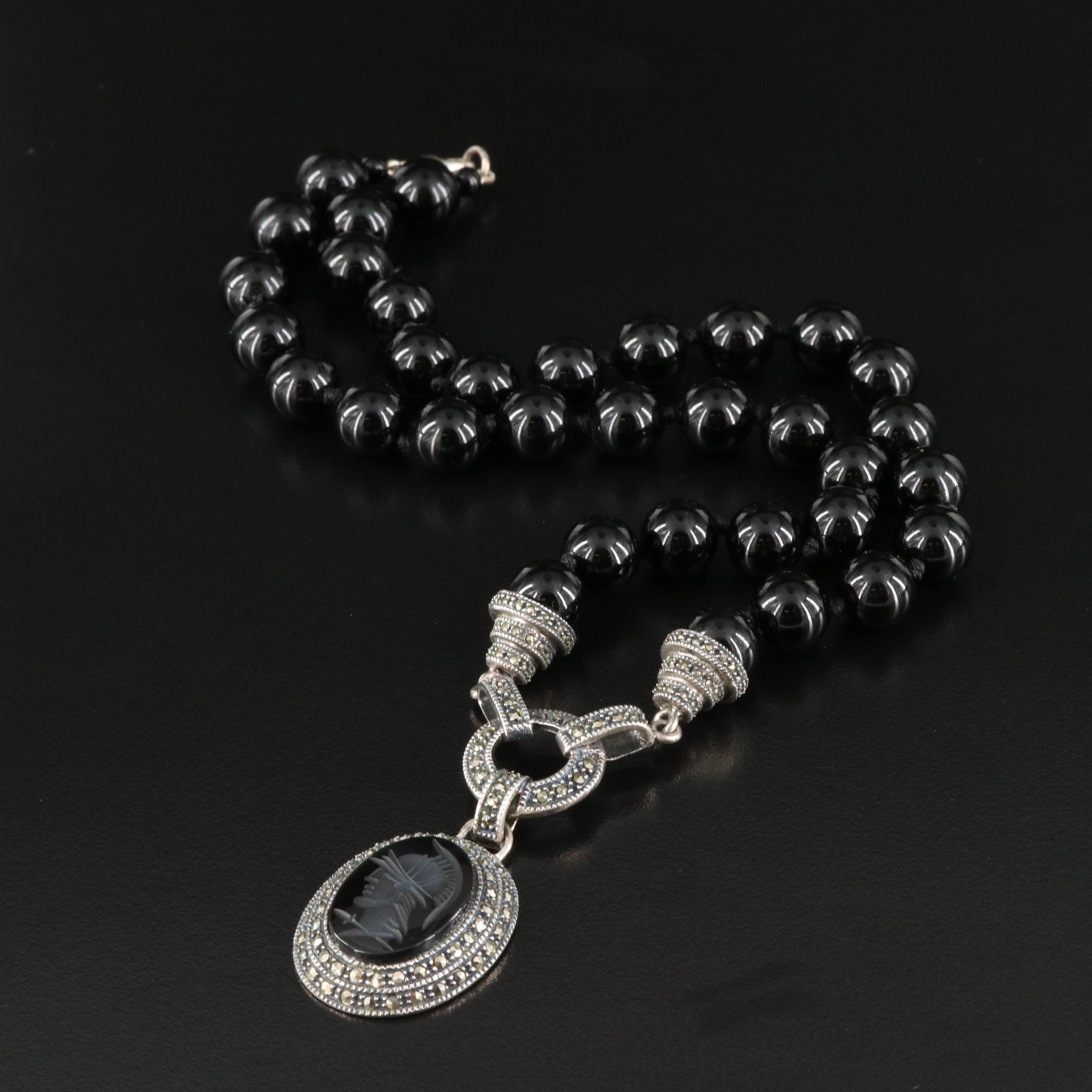 Judith Jack Sterling Silver Black Onyx and Marcasite Cameo Pendant Necklace